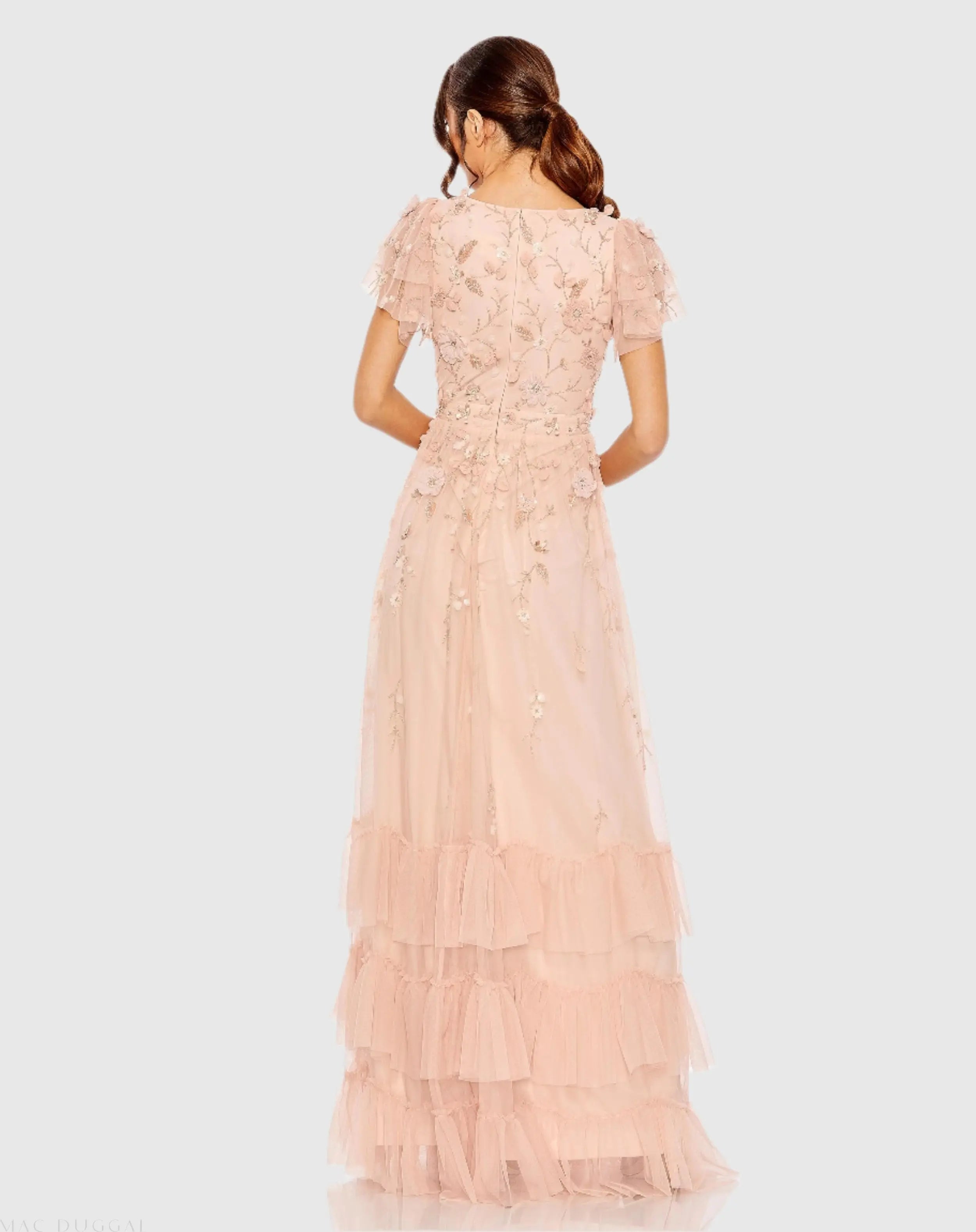 Pink Ruffle Tiered Embellished Faux Wrap Flutter Sleeve Gown-Myartka