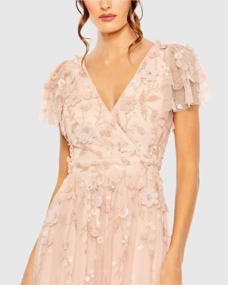 Pink Ruffle Tiered Embellished Faux Wrap Flutter Sleeve Gown-Myartka