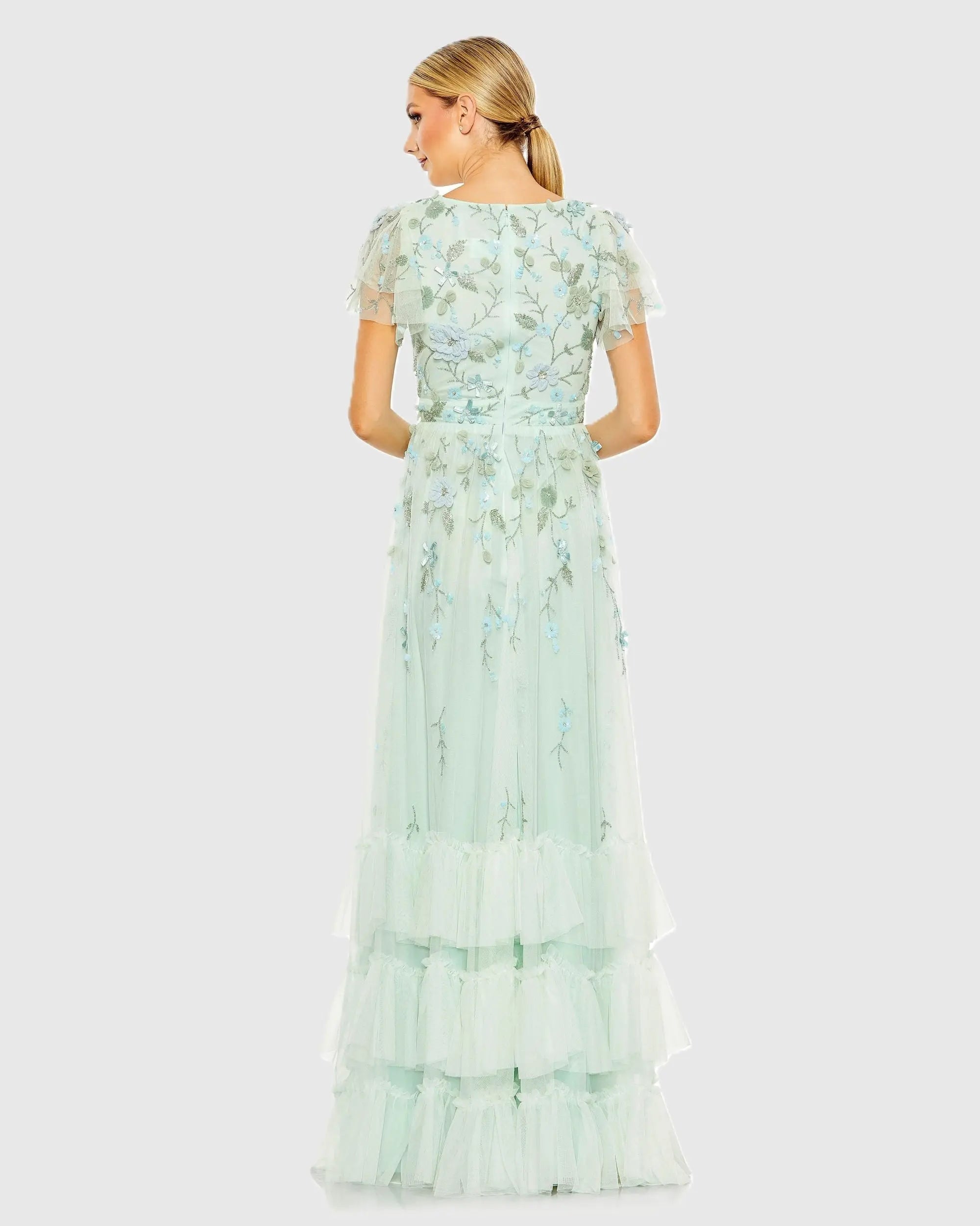 Green Ruffle Tiered Embellished Faux Wrap Flutter Sleeve Gown-Myartka