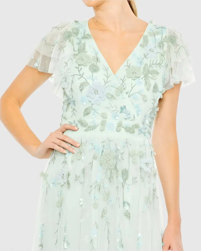 Green Ruffle Tiered Embellished Faux Wrap Flutter Sleeve Gown-Myartka