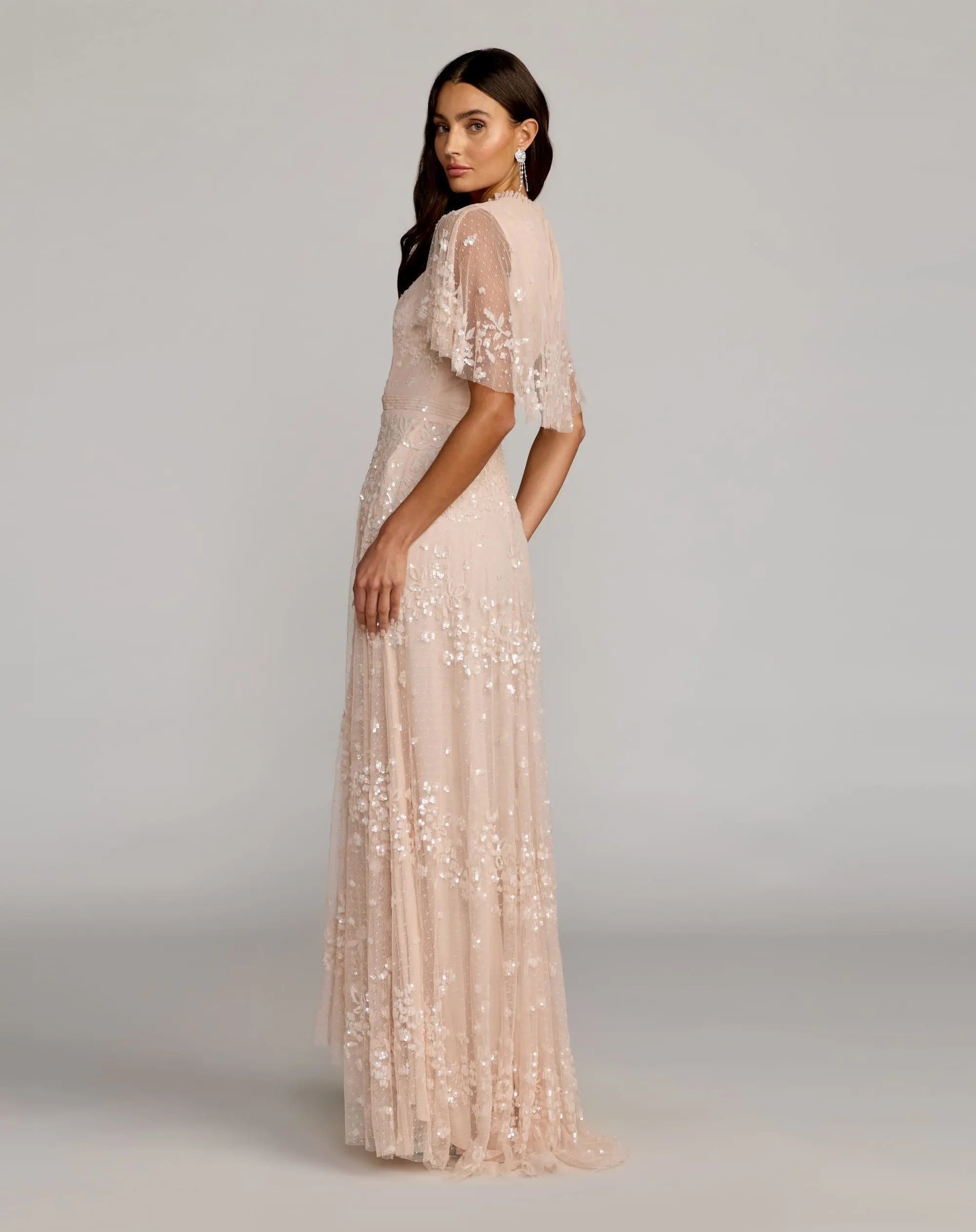 Pink Sequined High Neck Flutter Sleeve A Line Gown-Myartka