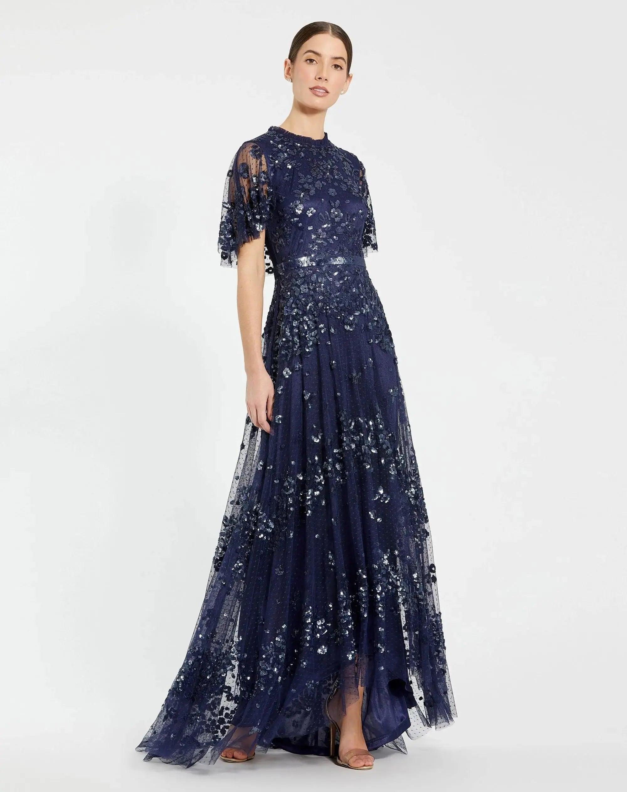 Sequined High Neck Flutter Sleeve A Line Gown-Myartka