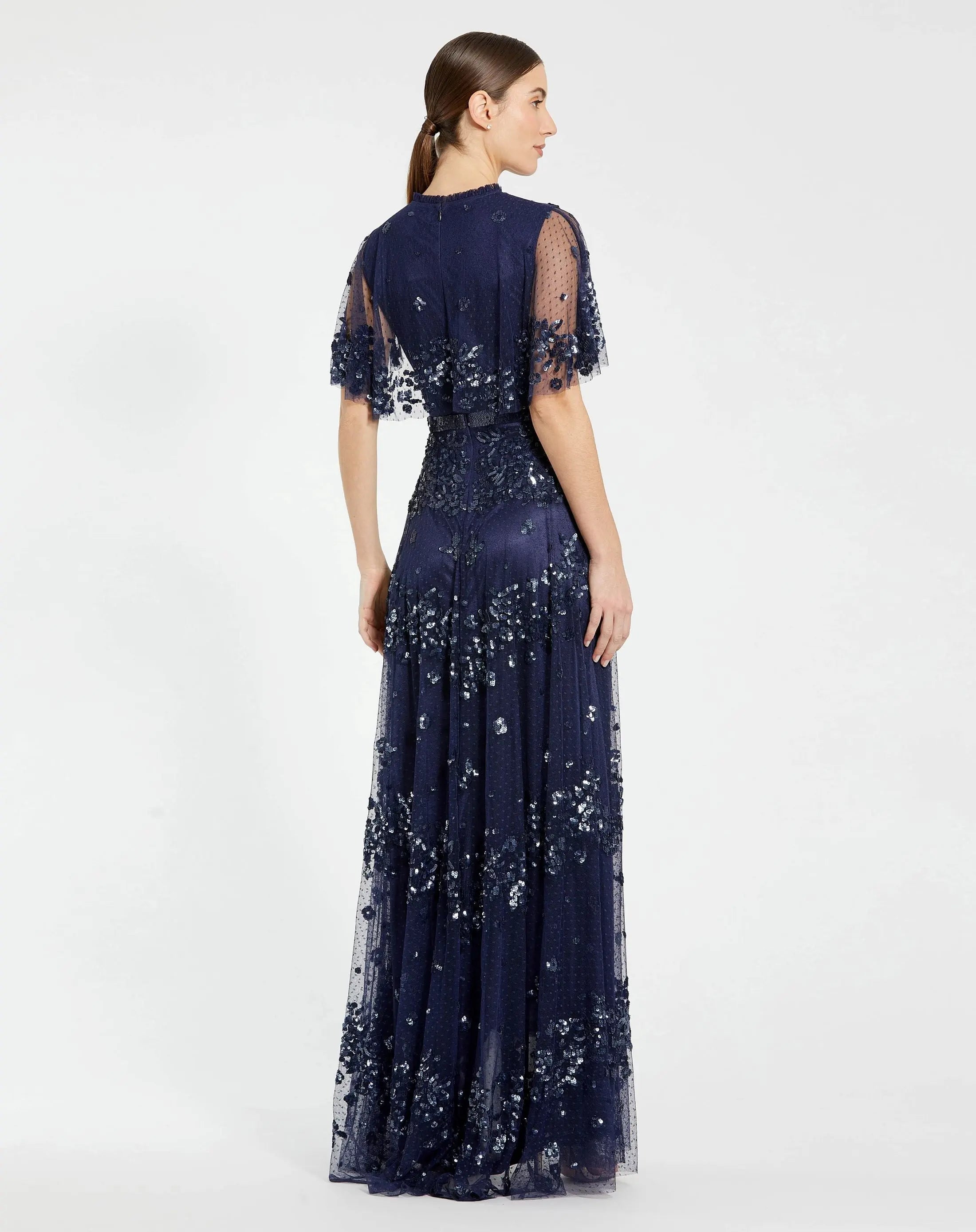 Navy Sequined High Neck Flutter Sleeve A Line Gown-Myartka