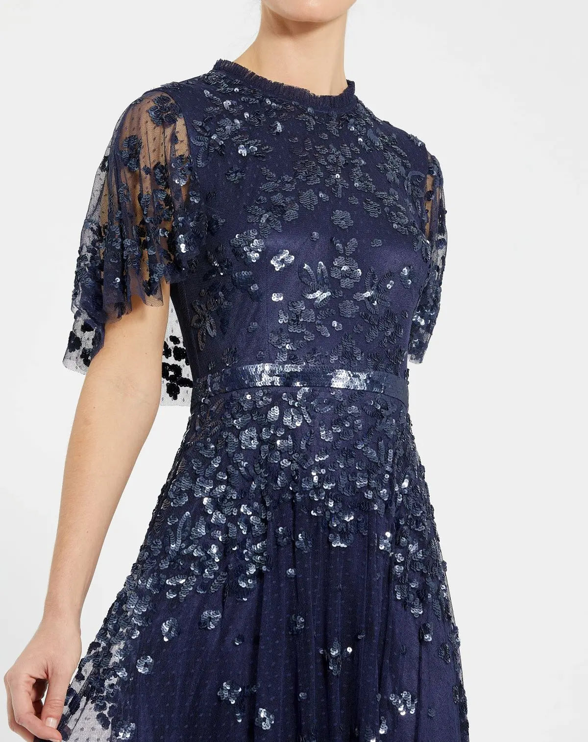 Navy Sequined High Neck Flutter Sleeve A Line Gown-Myartka