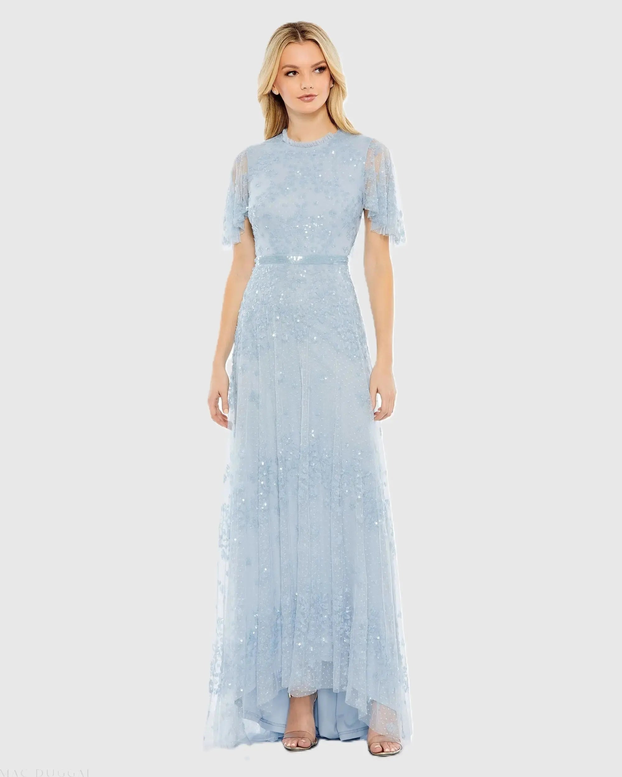 Blue Sequined High Neck Flutter Sleeve A Line Gown-Myartka