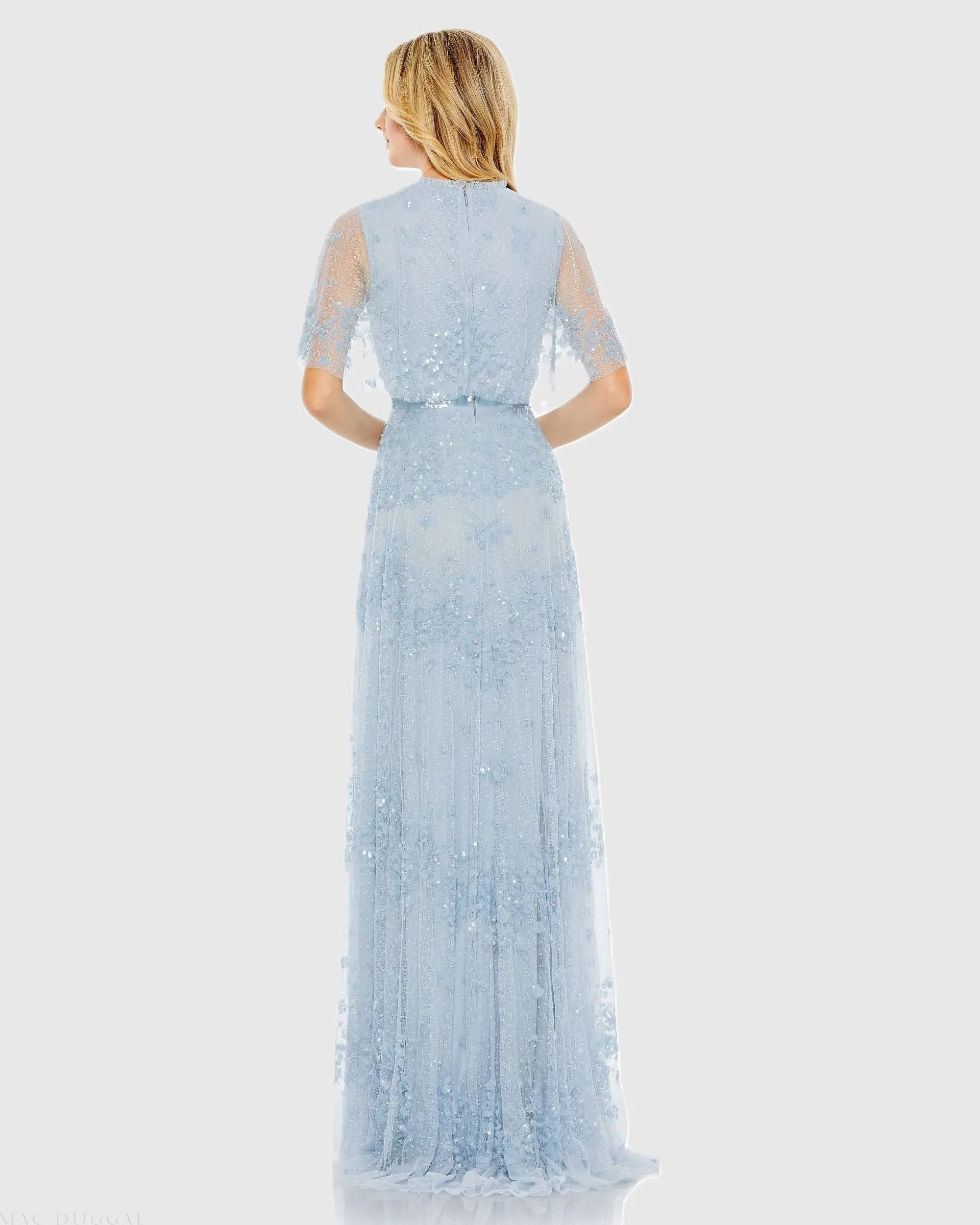 Blue Sequined High Neck Flutter Sleeve A Line Gown-Myartka