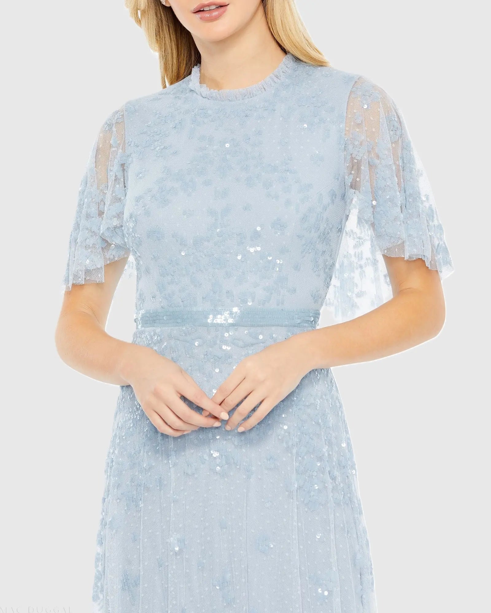 Blue Sequined High Neck Flutter Sleeve A Line Gown-Myartka