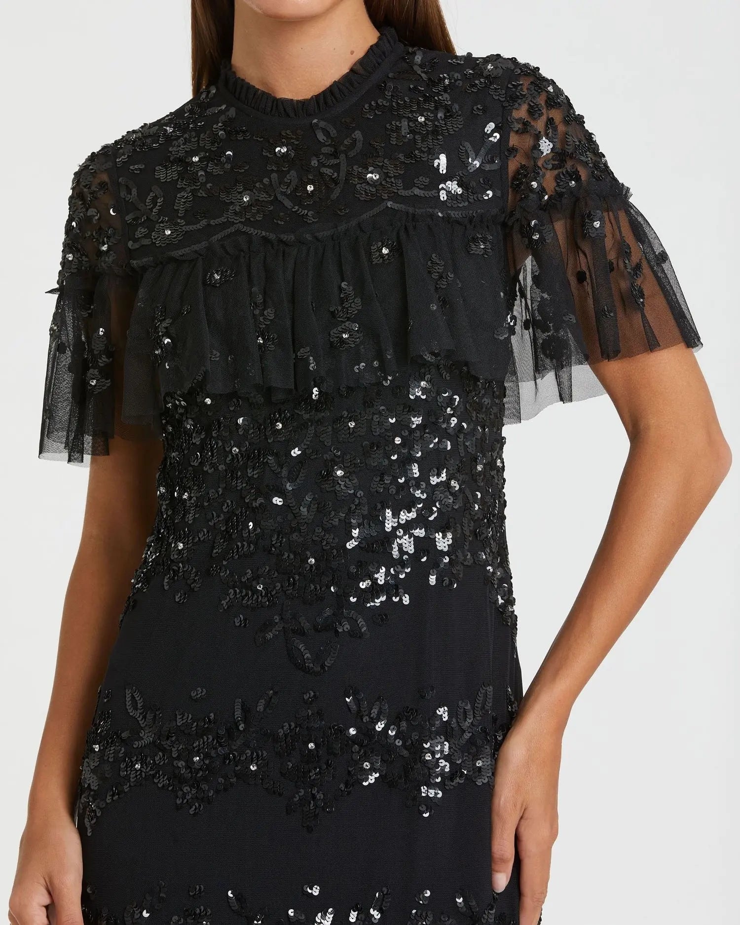 Black Sequined High Neck Ruffled Midi Dress-Myartka
