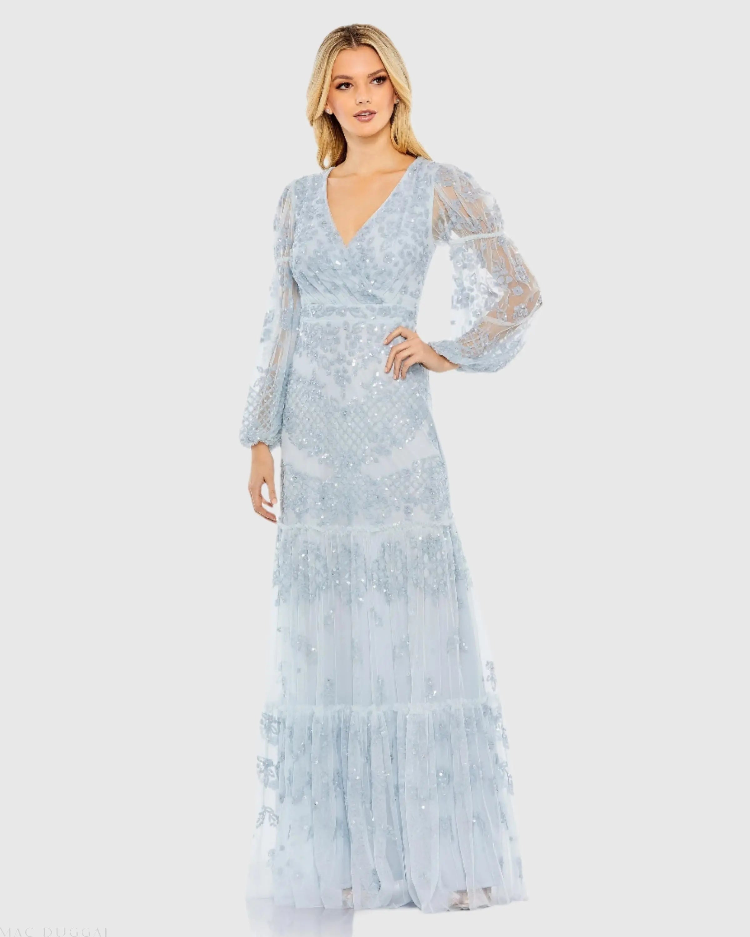 Blue Sequined Tiered Wrap Over Puff Sleeve Gown-Myartka