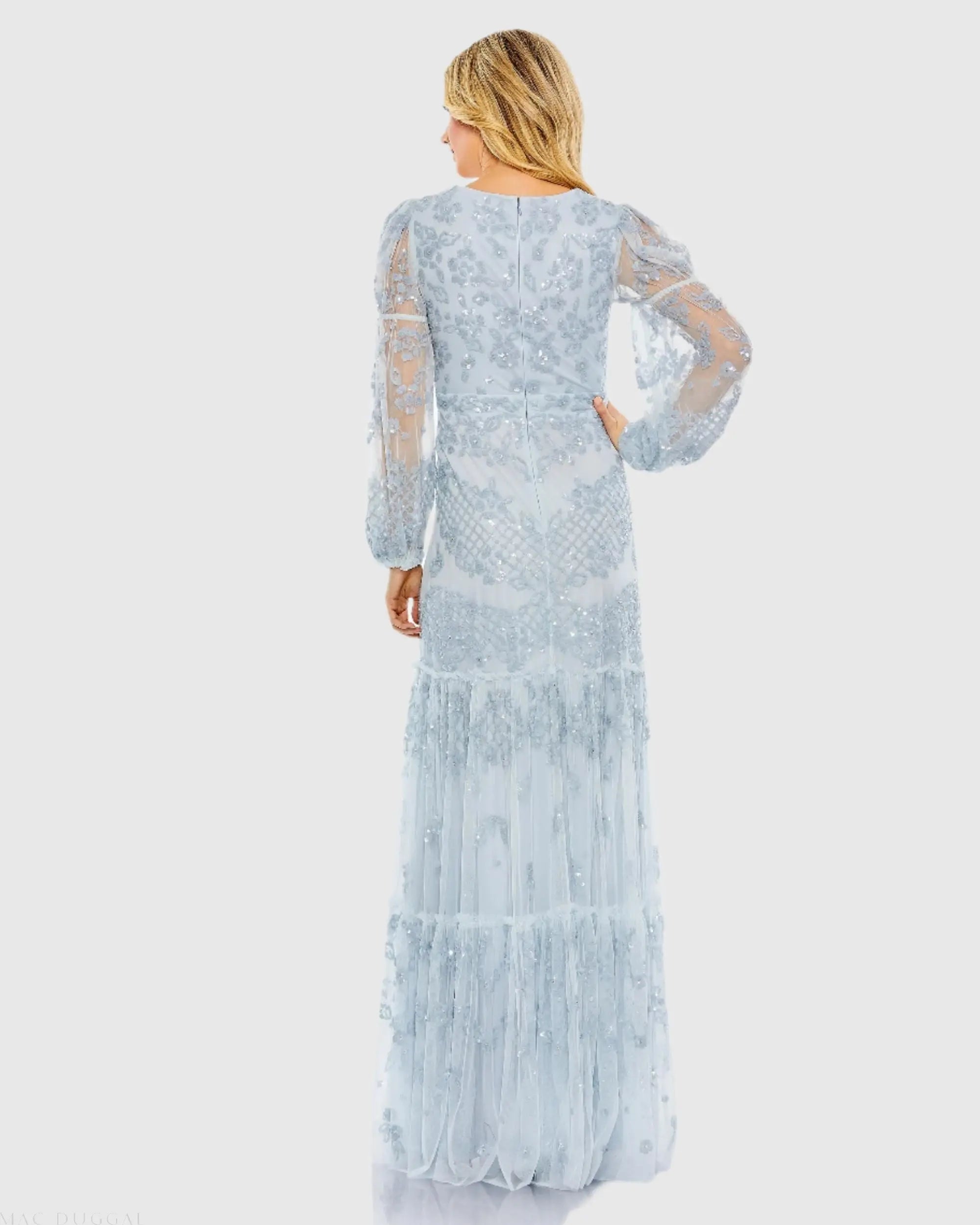 Blue Sequined Tiered Wrap Over Puff Sleeve Gown-Myartka