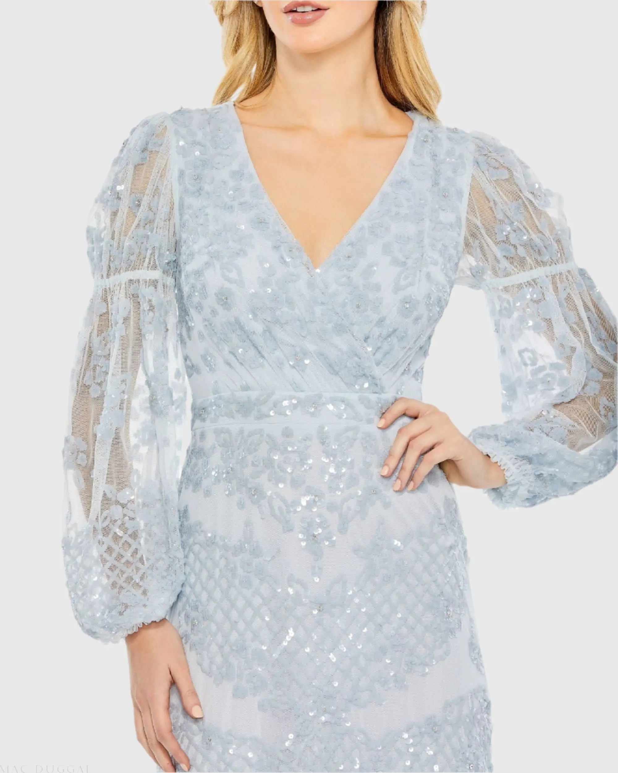 Blue Sequined Tiered Wrap Over Puff Sleeve Gown-Myartka