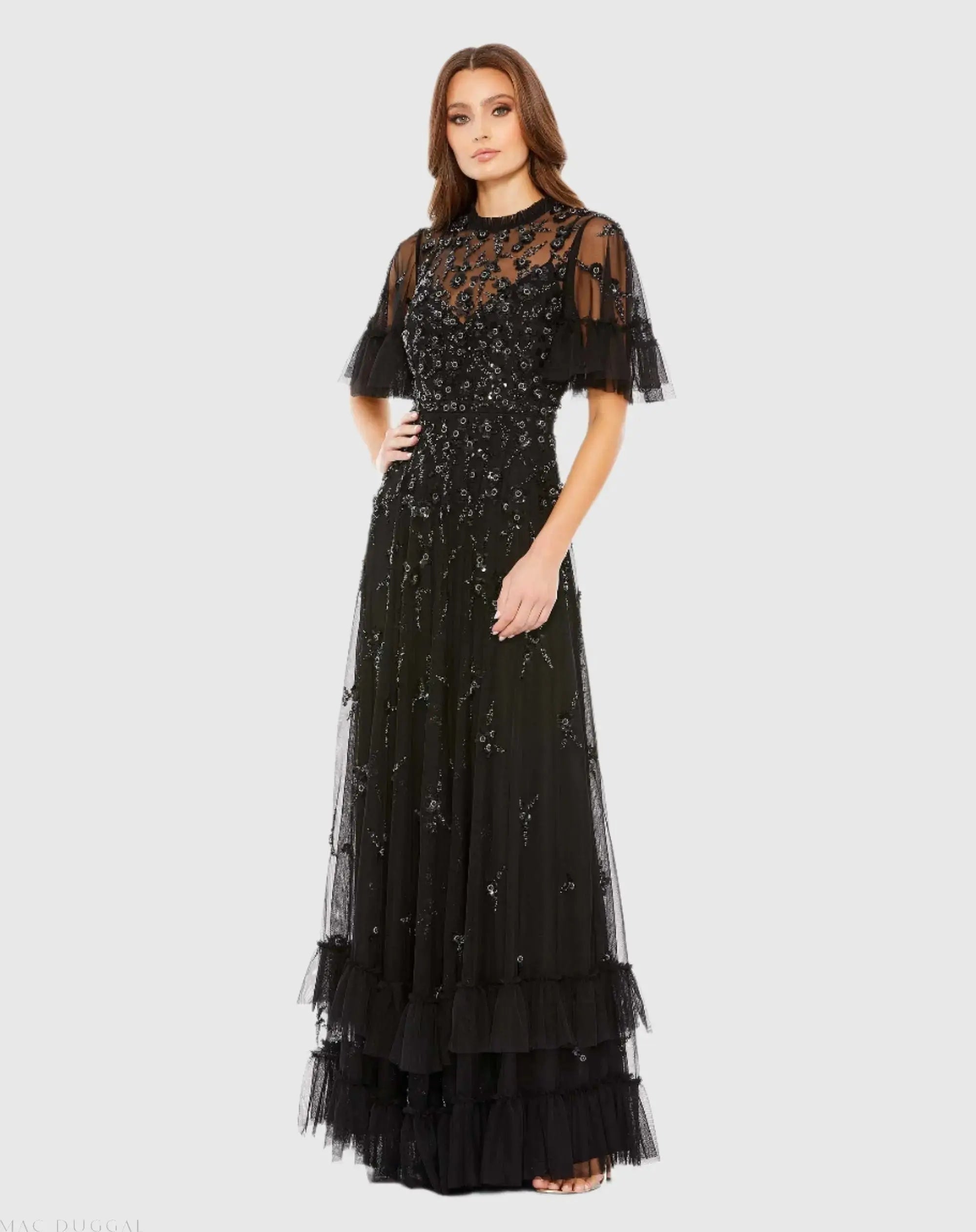 Ruffled Floral Embellished Flutter Sleeve A-Line Gown-Myartka