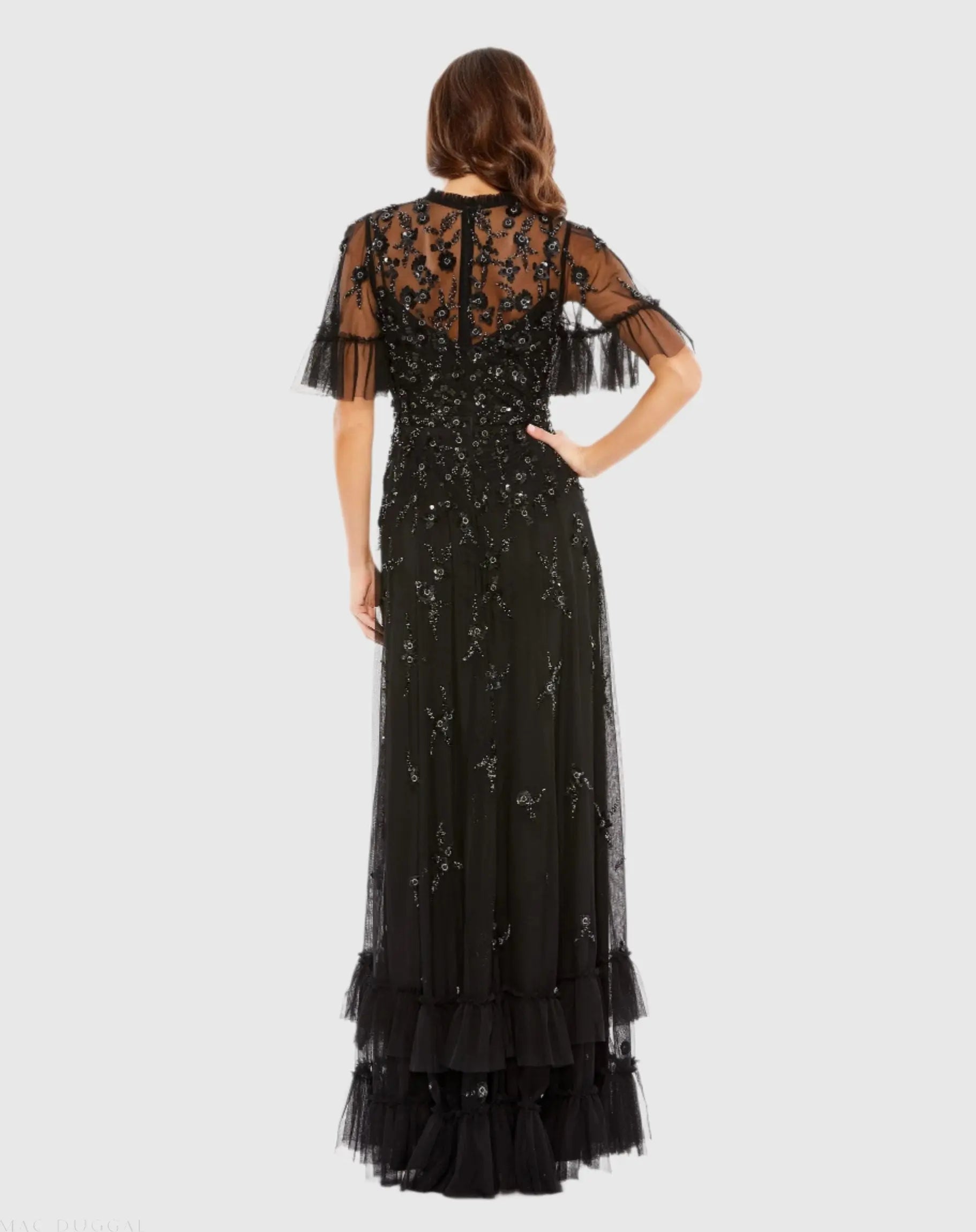 Black Ruffled Floral Embellished Flutter Sleeve A-Line Gown-Myartka
