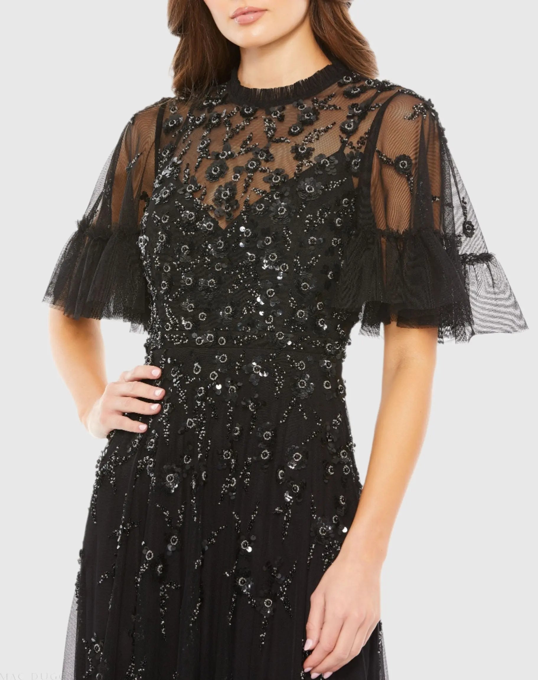 Black Ruffled Floral Embellished Flutter Sleeve A-Line Gown-Myartka