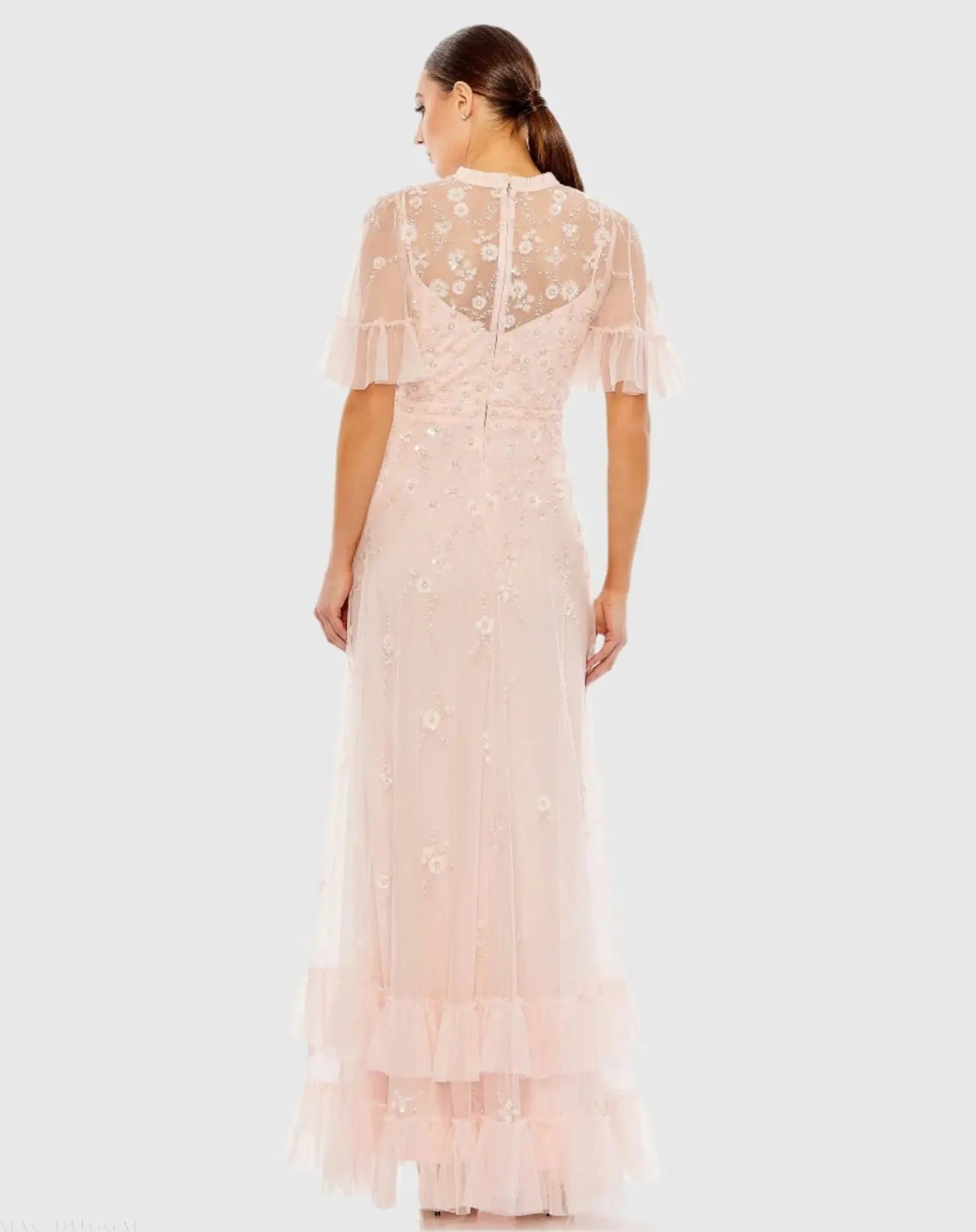 Light Pink Ruffled Floral Embellished Flutter Sleeve A Line Dress-Myartka