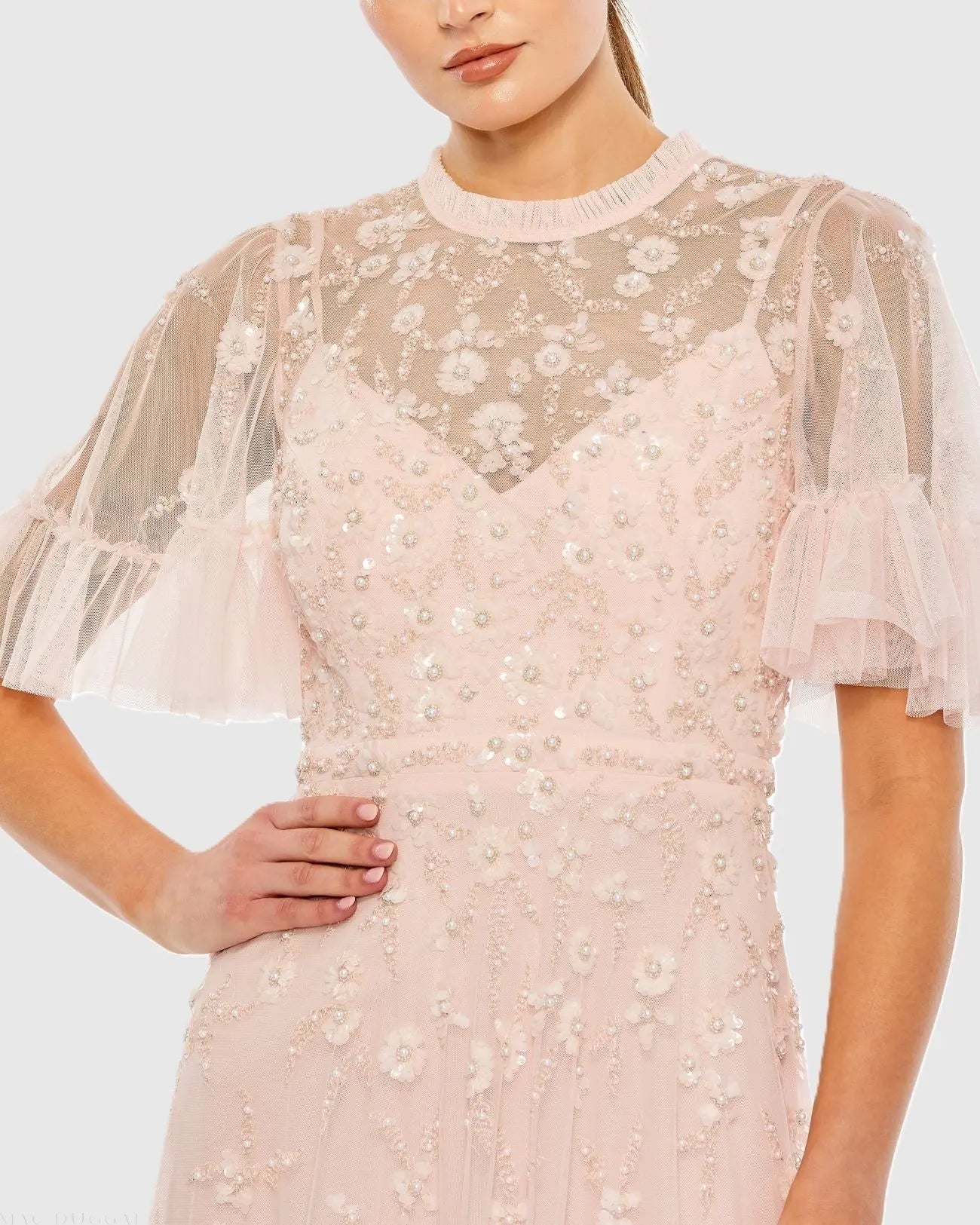 Light Pink Ruffled Floral Embellished Flutter Sleeve A Line Dress-Myartka