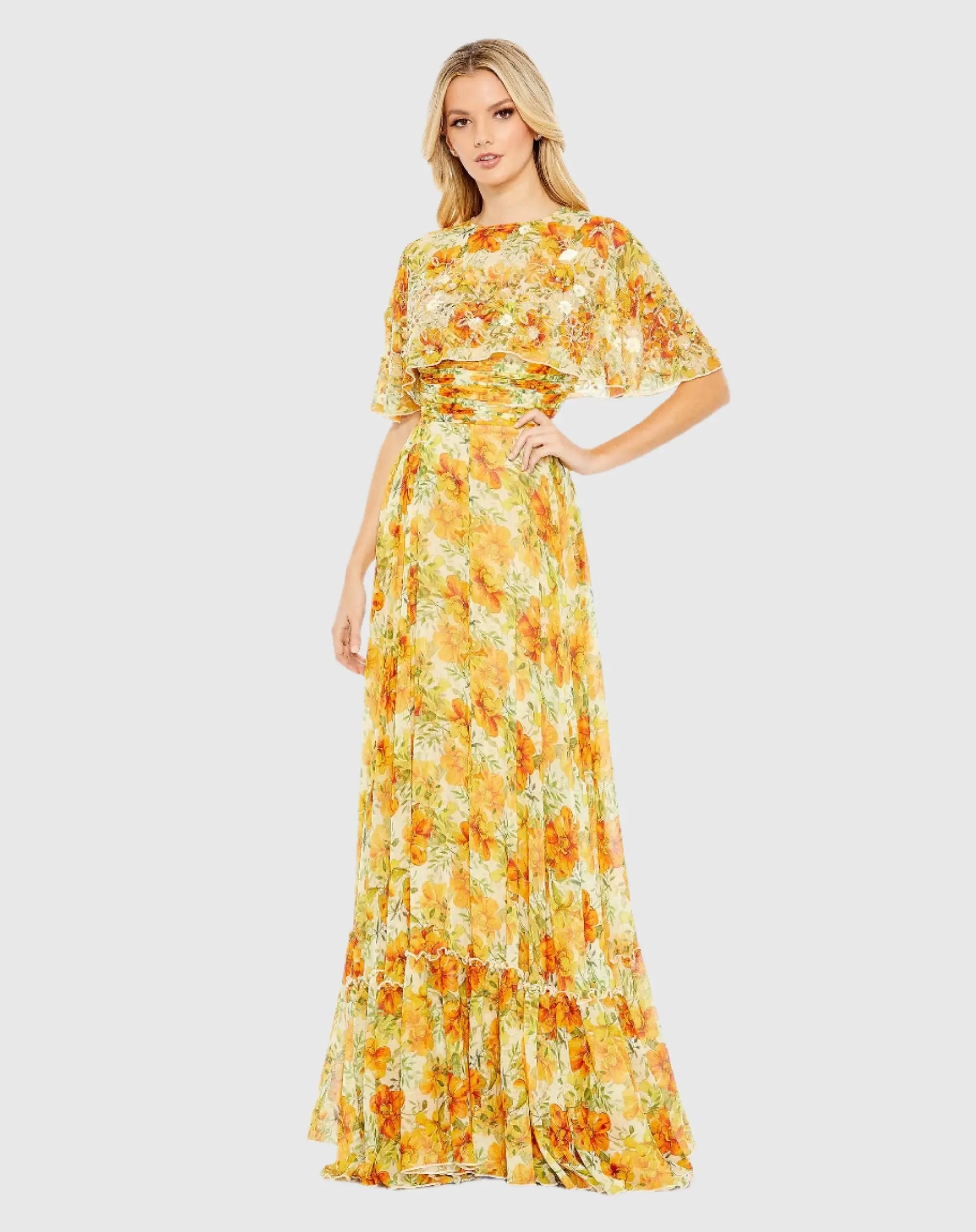 Yellow High Neck A-Line Floral Gown with Cape Sleeves - FINAL SALE-Myartka