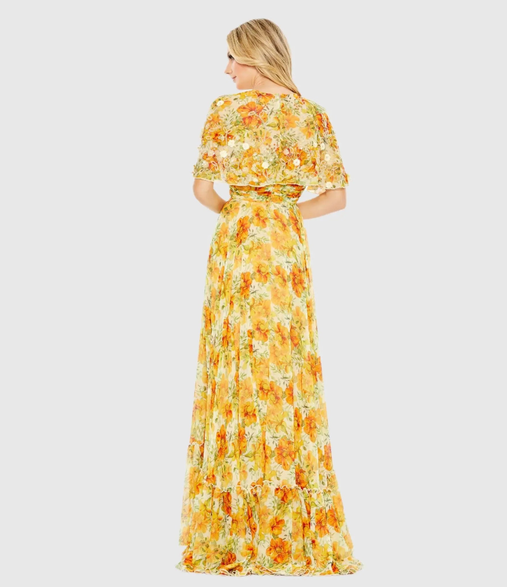 Yellow High Neck A-Line Floral Gown with Cape Sleeves - FINAL SALE-Myartka