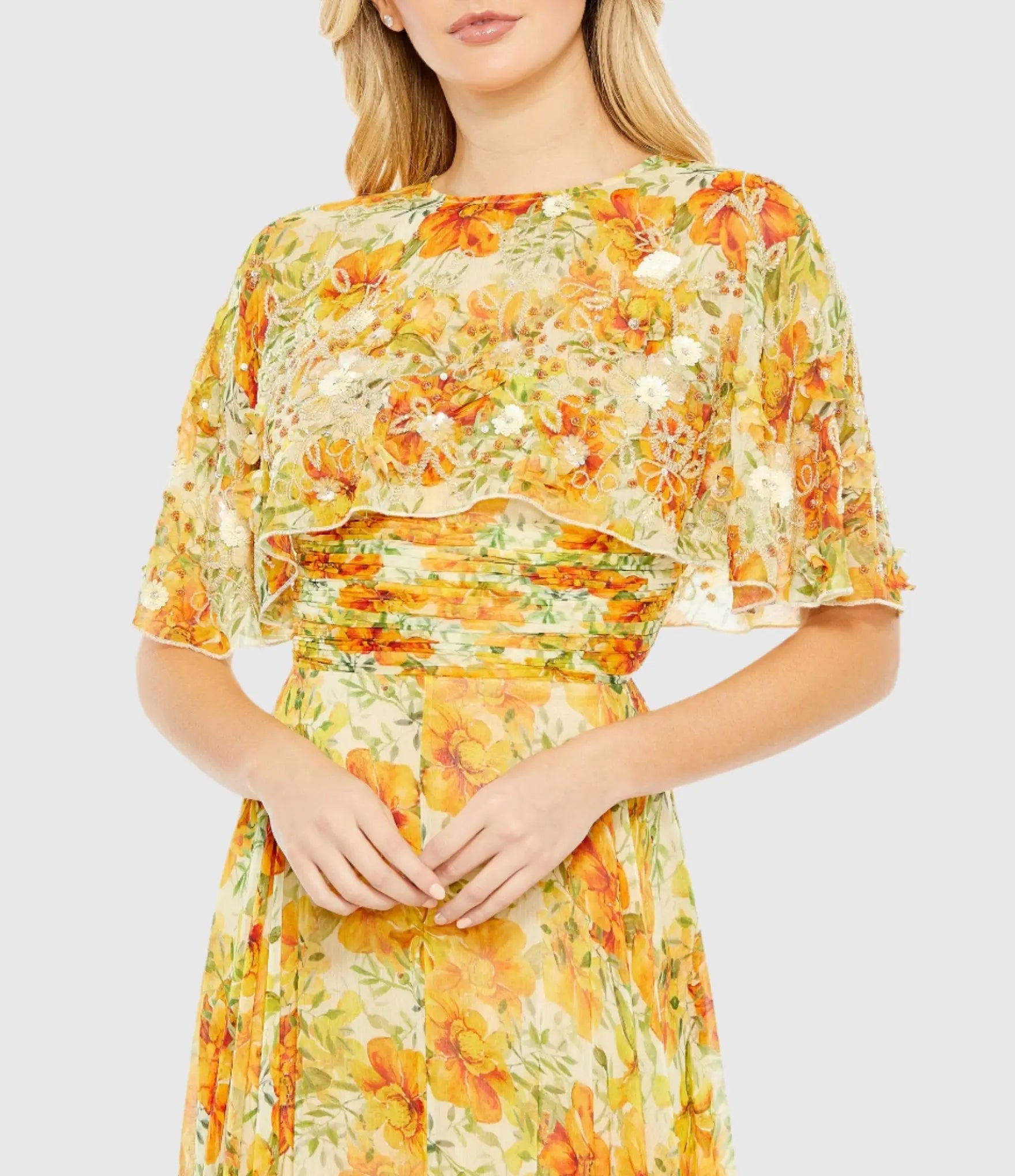 Yellow High Neck A-Line Floral Gown with Cape Sleeves - FINAL SALE-Myartka