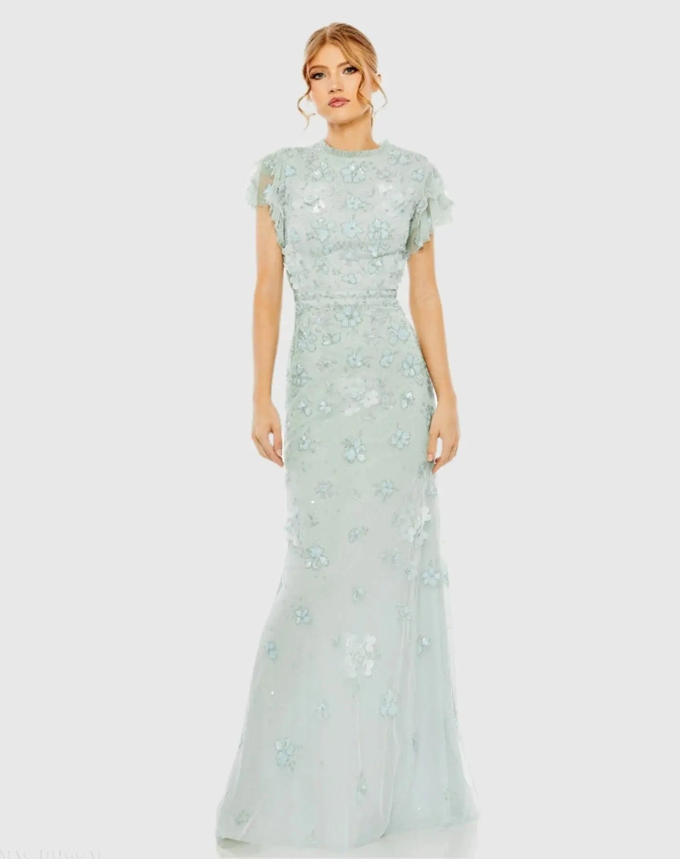 Blue Floral Embellished High Neck Flutter Sleeve Gown-Myartka