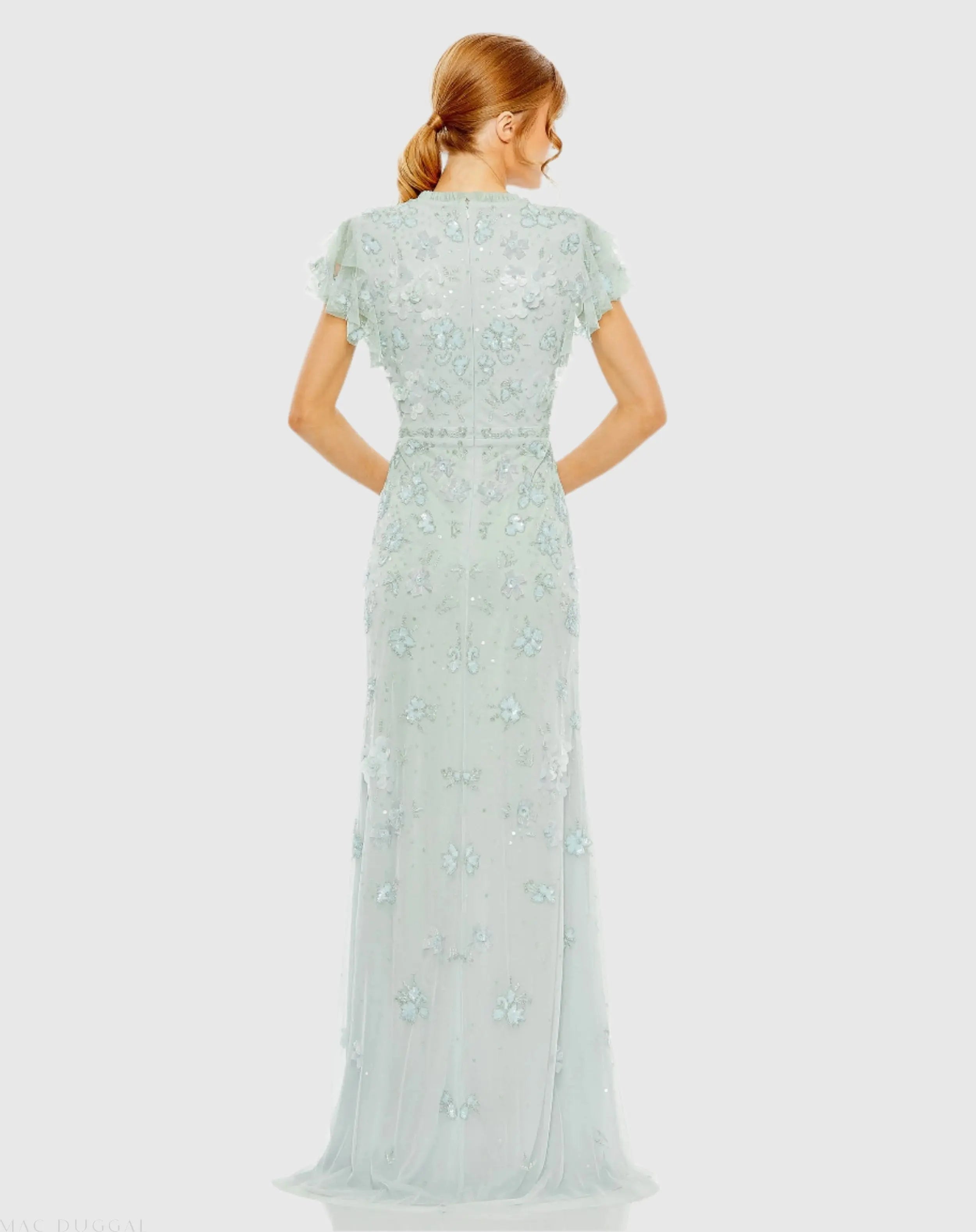 Blue Floral Embellished High Neck Flutter Sleeve Gown-Myartka