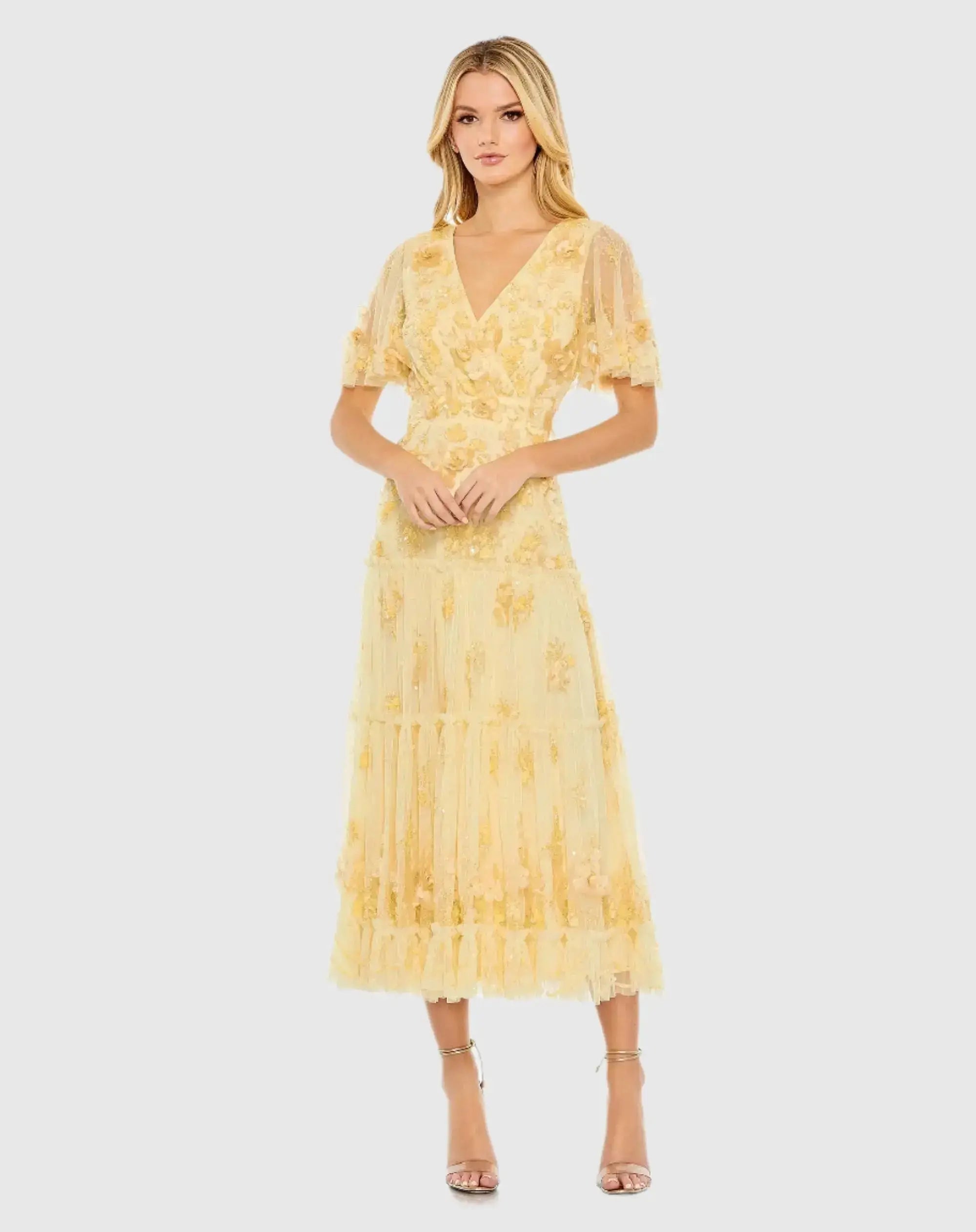 Yellow Floral Embellished Flutter Sleeve Dress-Myartka