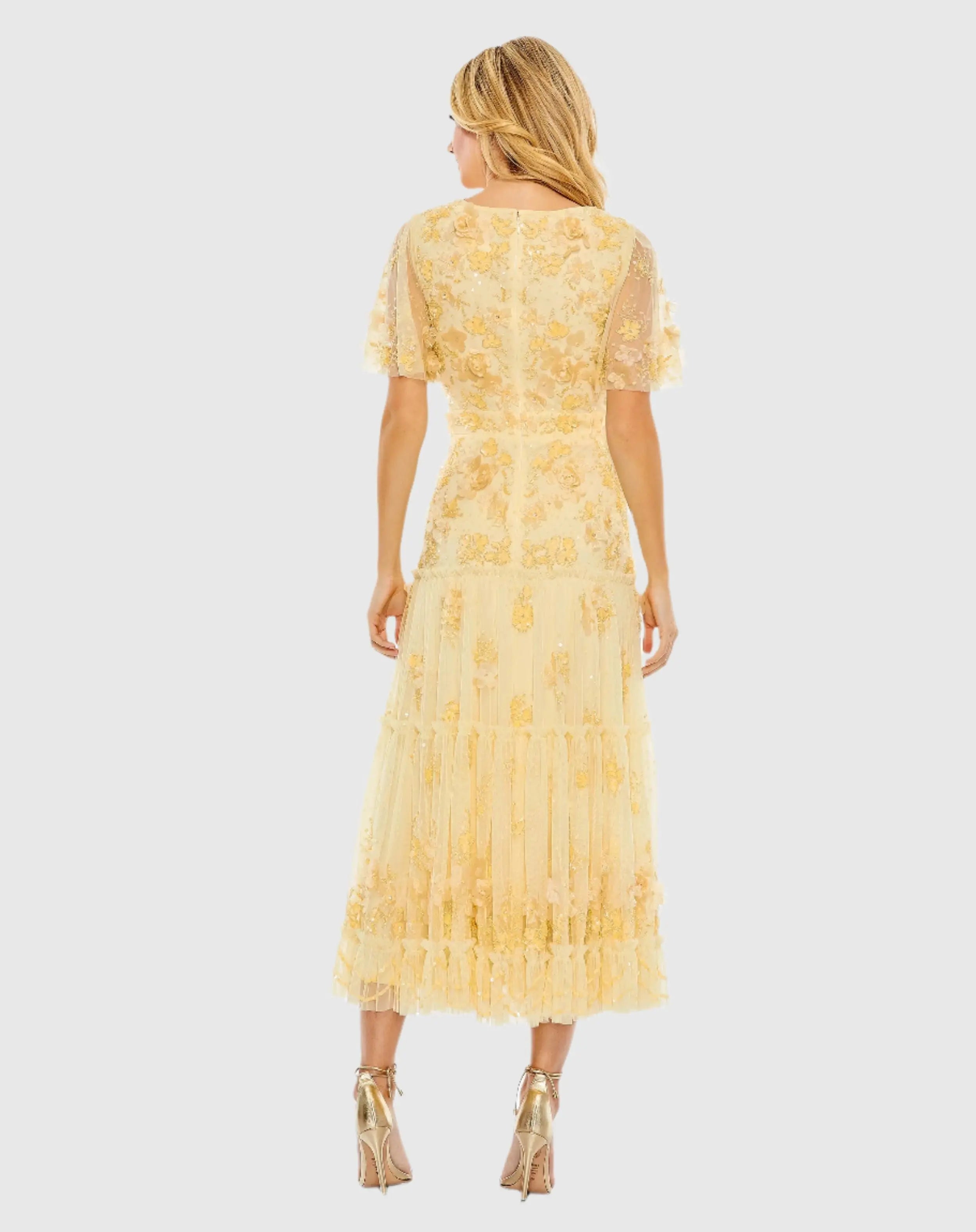 Yellow Floral Embellished Flutter Sleeve Dress-Myartka