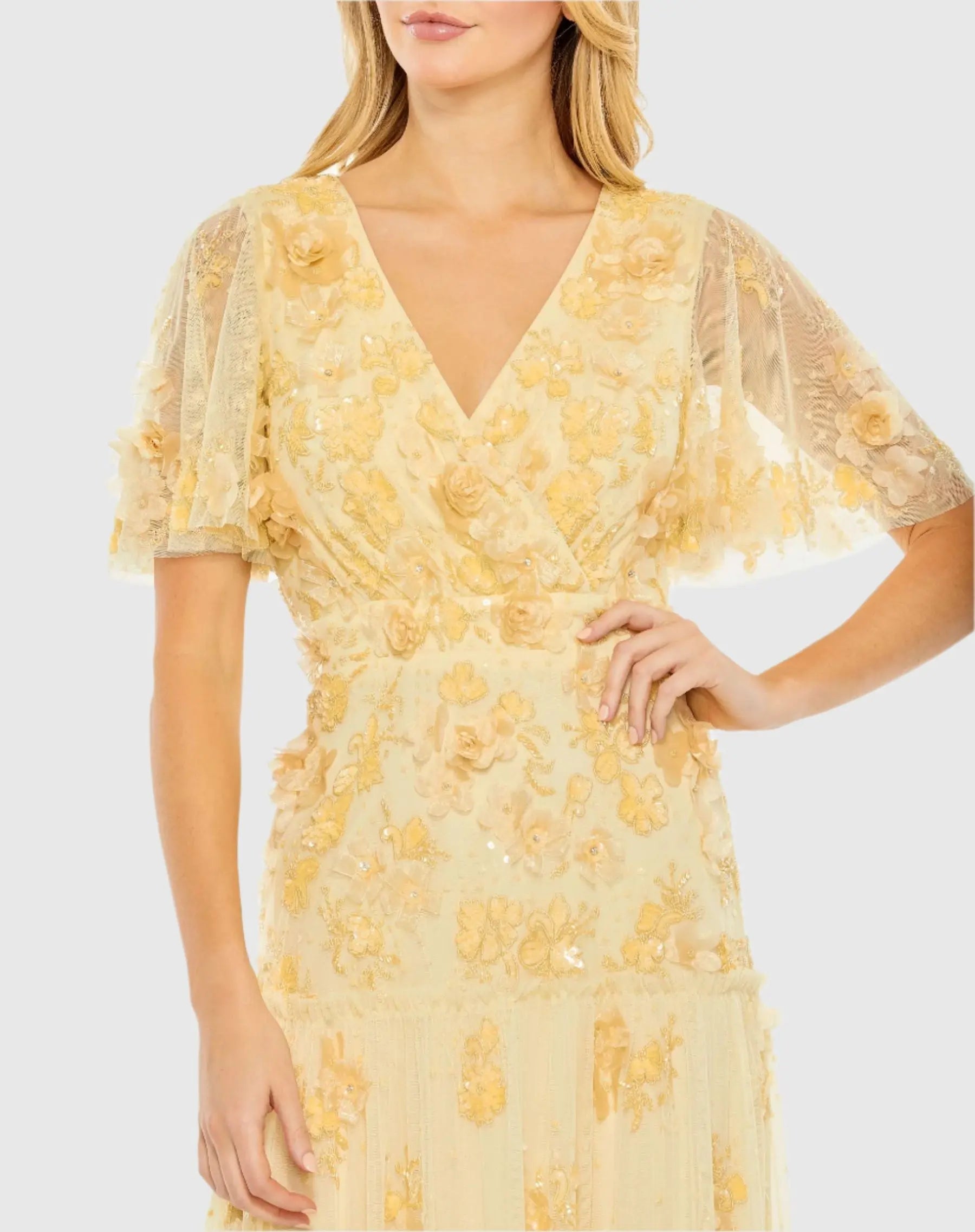 Yellow Floral Embellished Flutter Sleeve Dress-Myartka