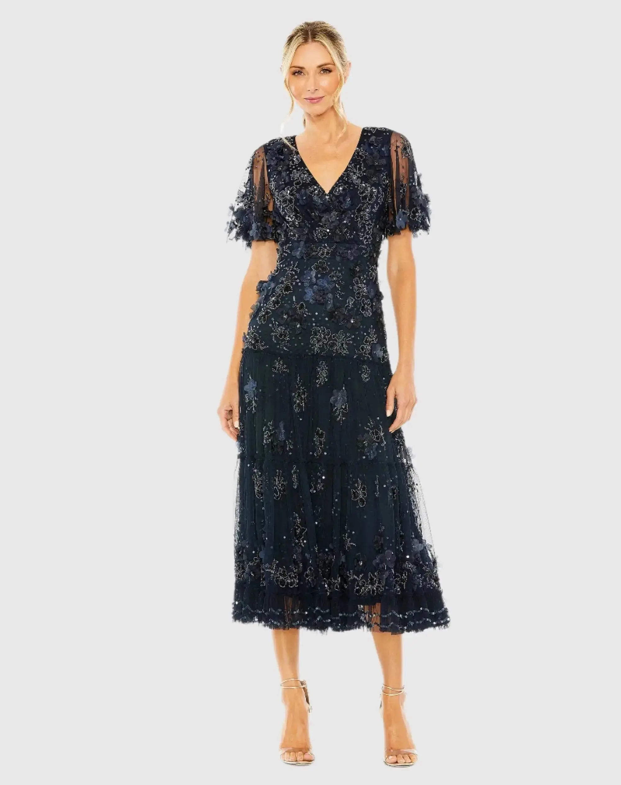 Navy Floral Embellished Flutter Sleeve Dress-Myartka