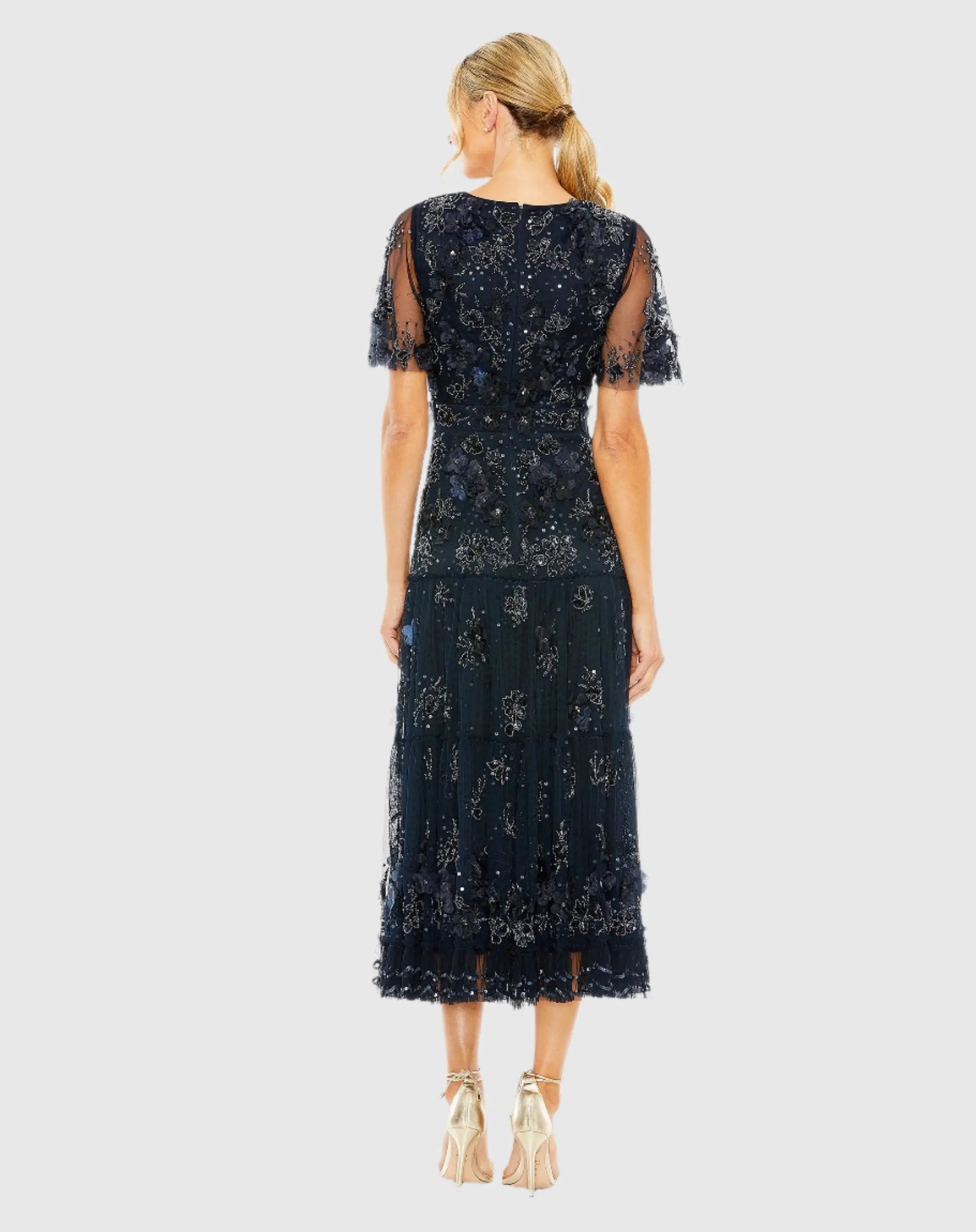 Navy Floral Embellished Flutter Sleeve Dress-Myartka