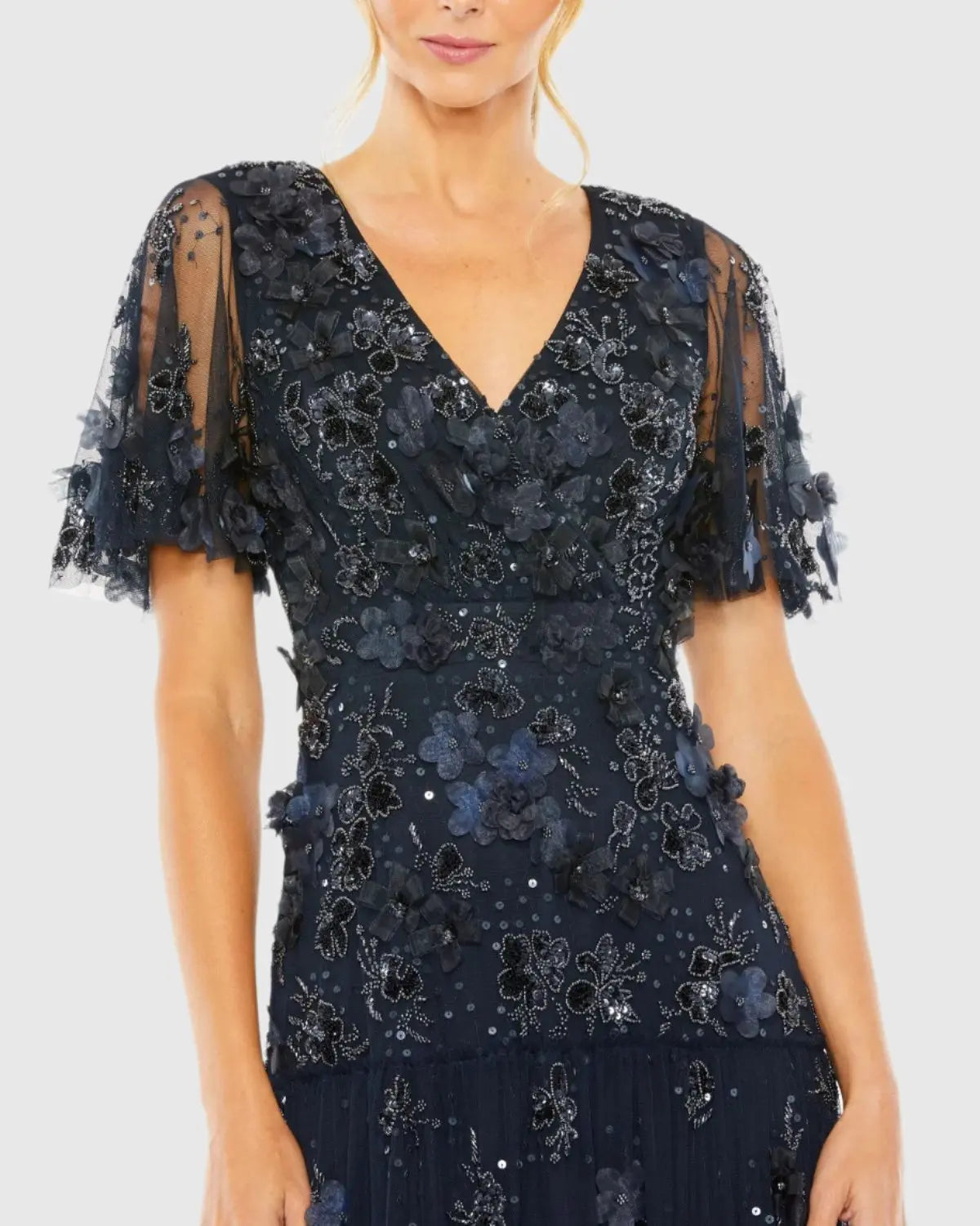 Navy Floral Embellished Flutter Sleeve Dress-Myartka