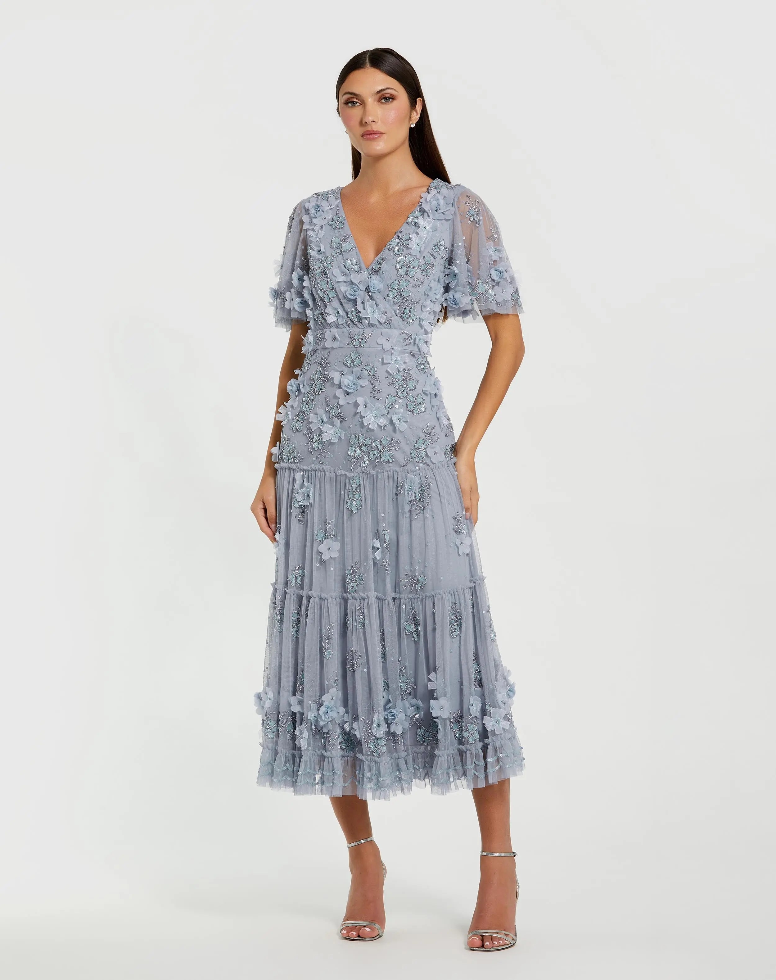 Blue Floral Embellished Flutter Sleeve Dress-Myartka