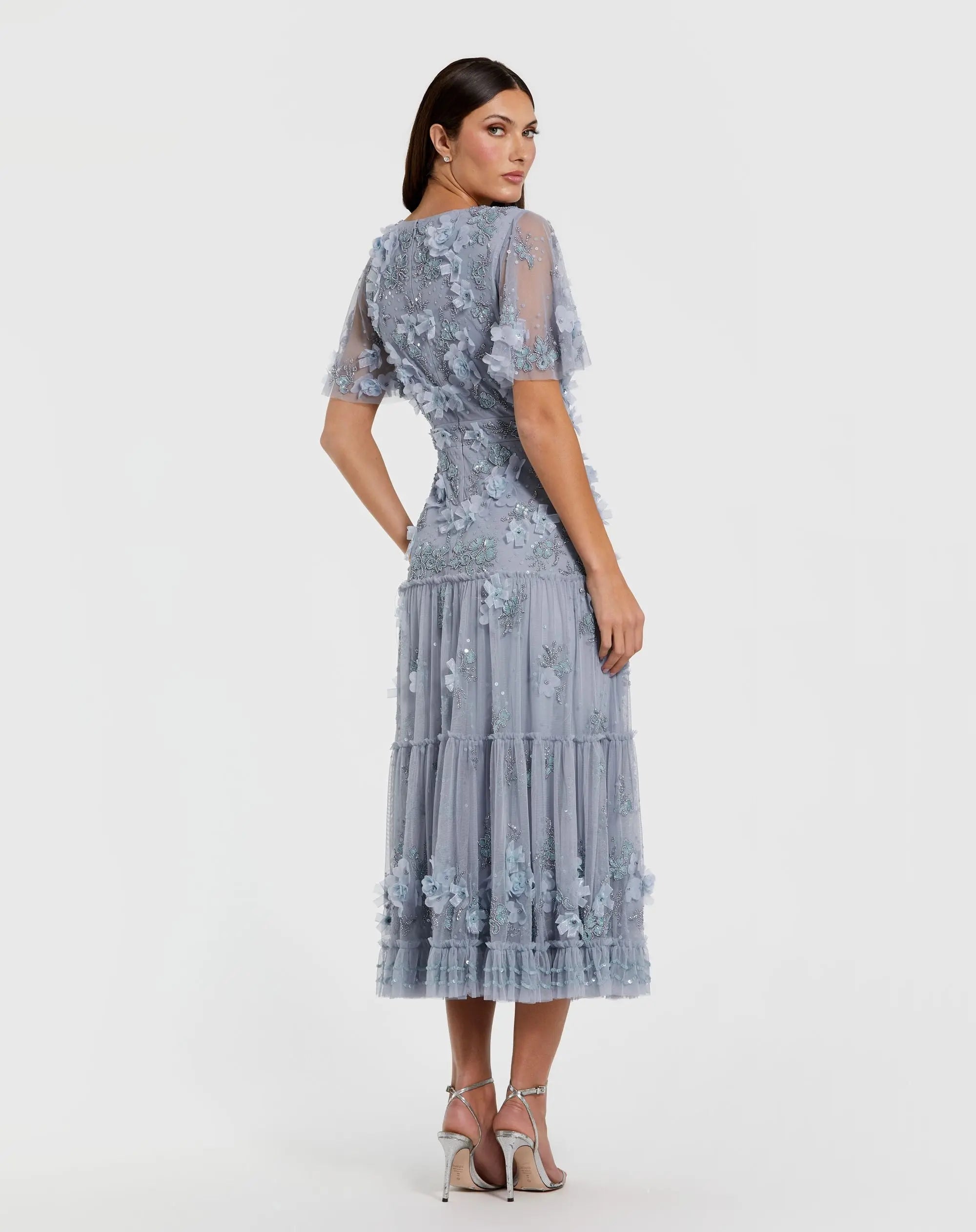 Blue Floral Embellished Flutter Sleeve Dress-Myartka