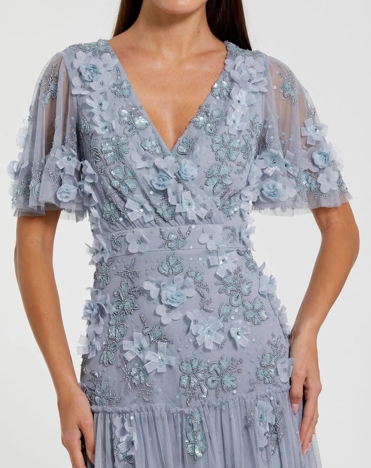 Blue Floral Embellished Flutter Sleeve Dress-Myartka