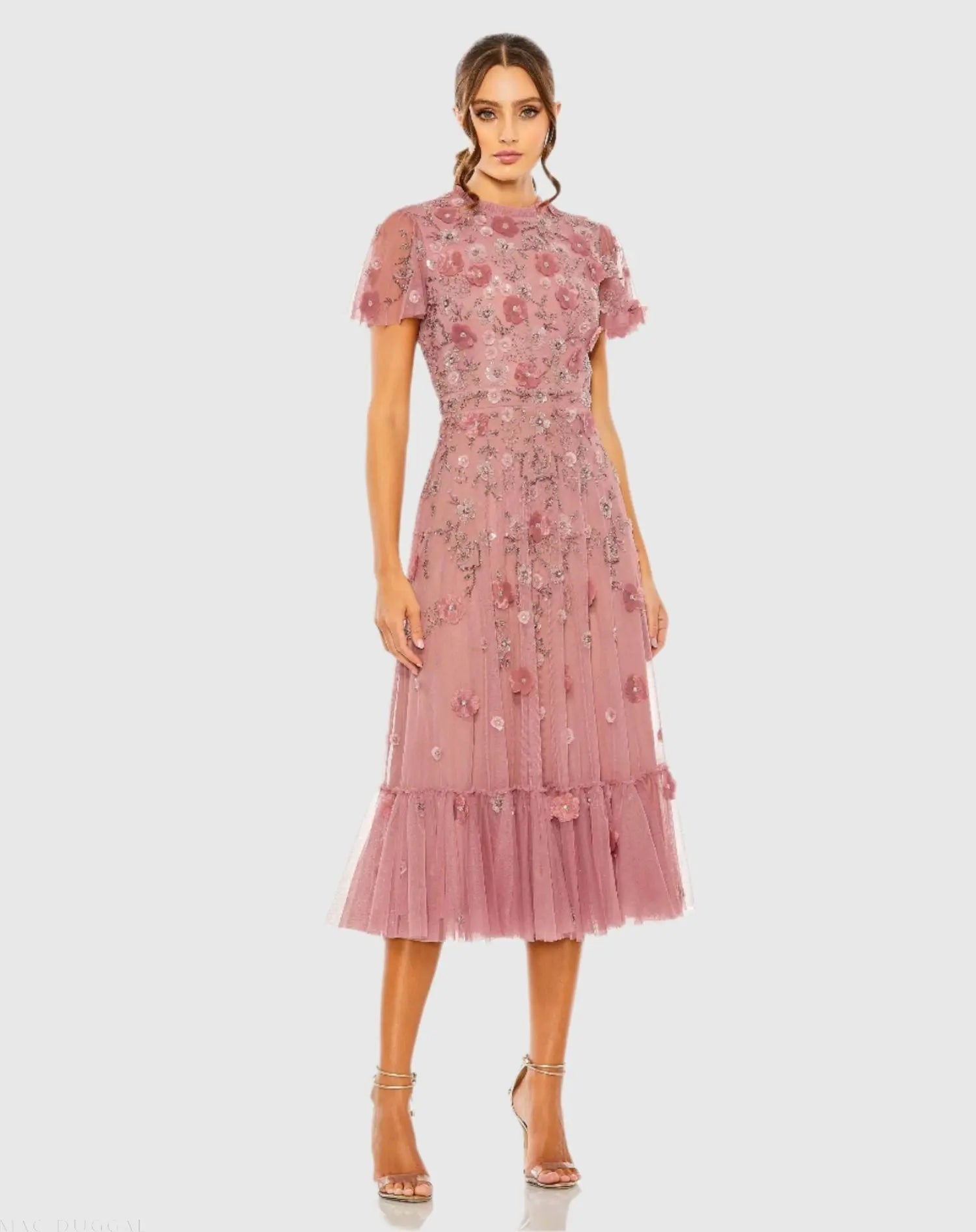 Pink Embellished High Neck Flutter Sleeve A Line Dress-Myartka