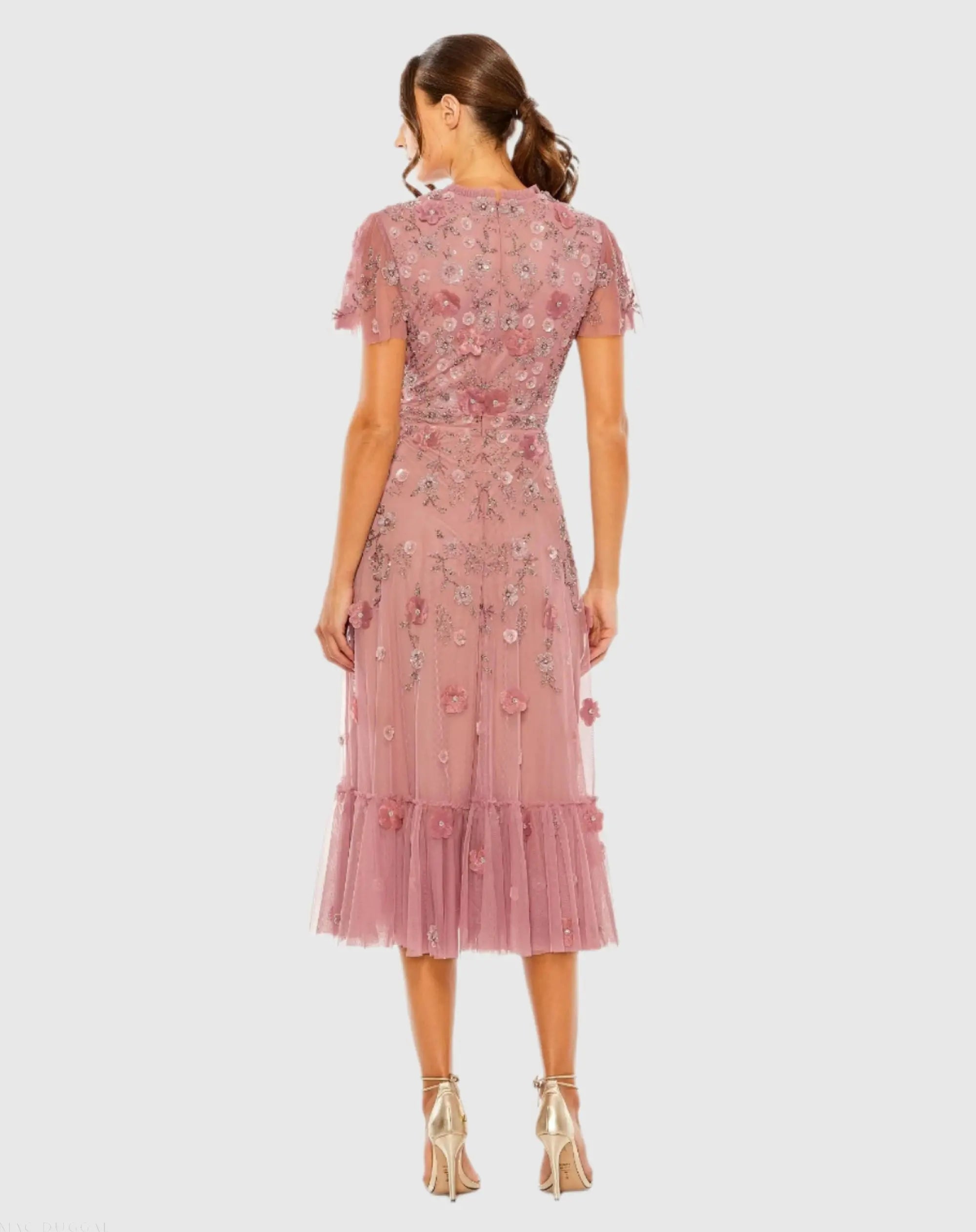 Pink Embellished High Neck Flutter Sleeve A Line Dress-Myartka