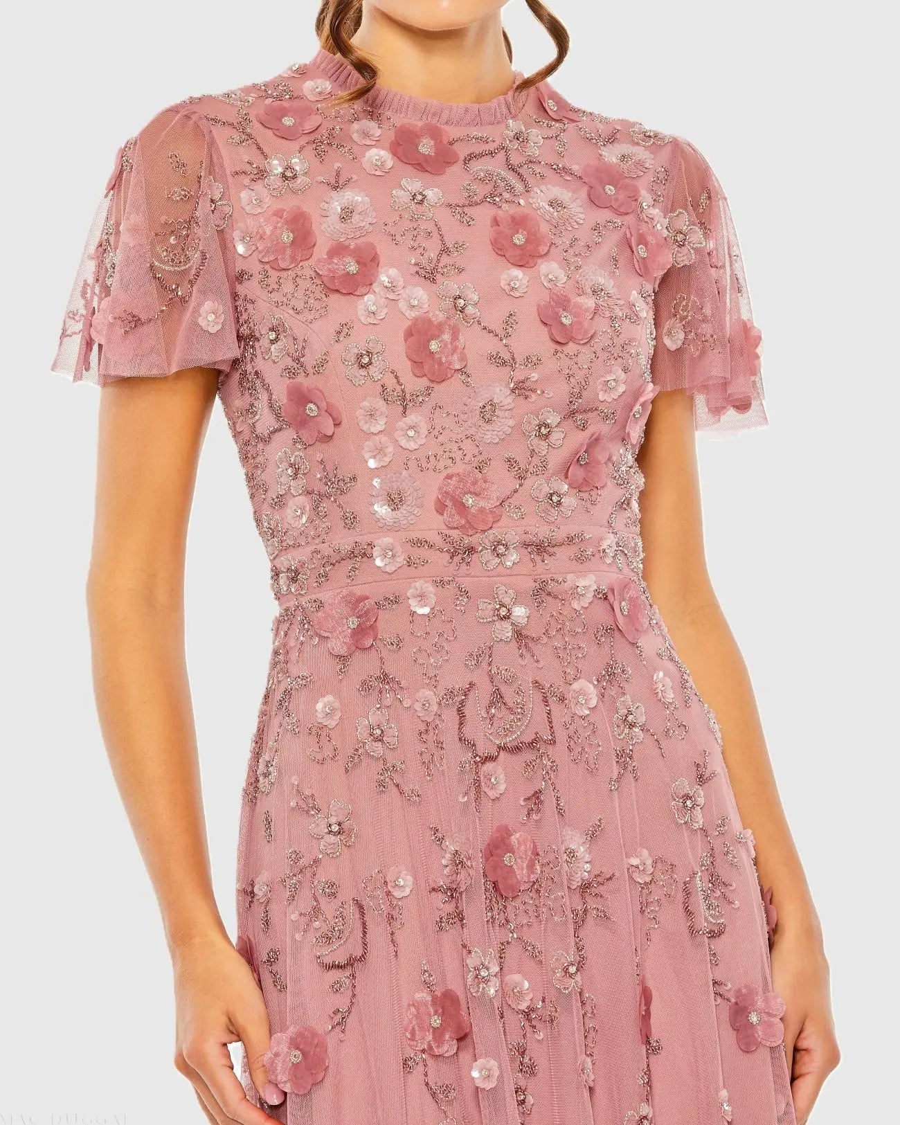 Pink Embellished High Neck Flutter Sleeve A Line Dress-Myartka