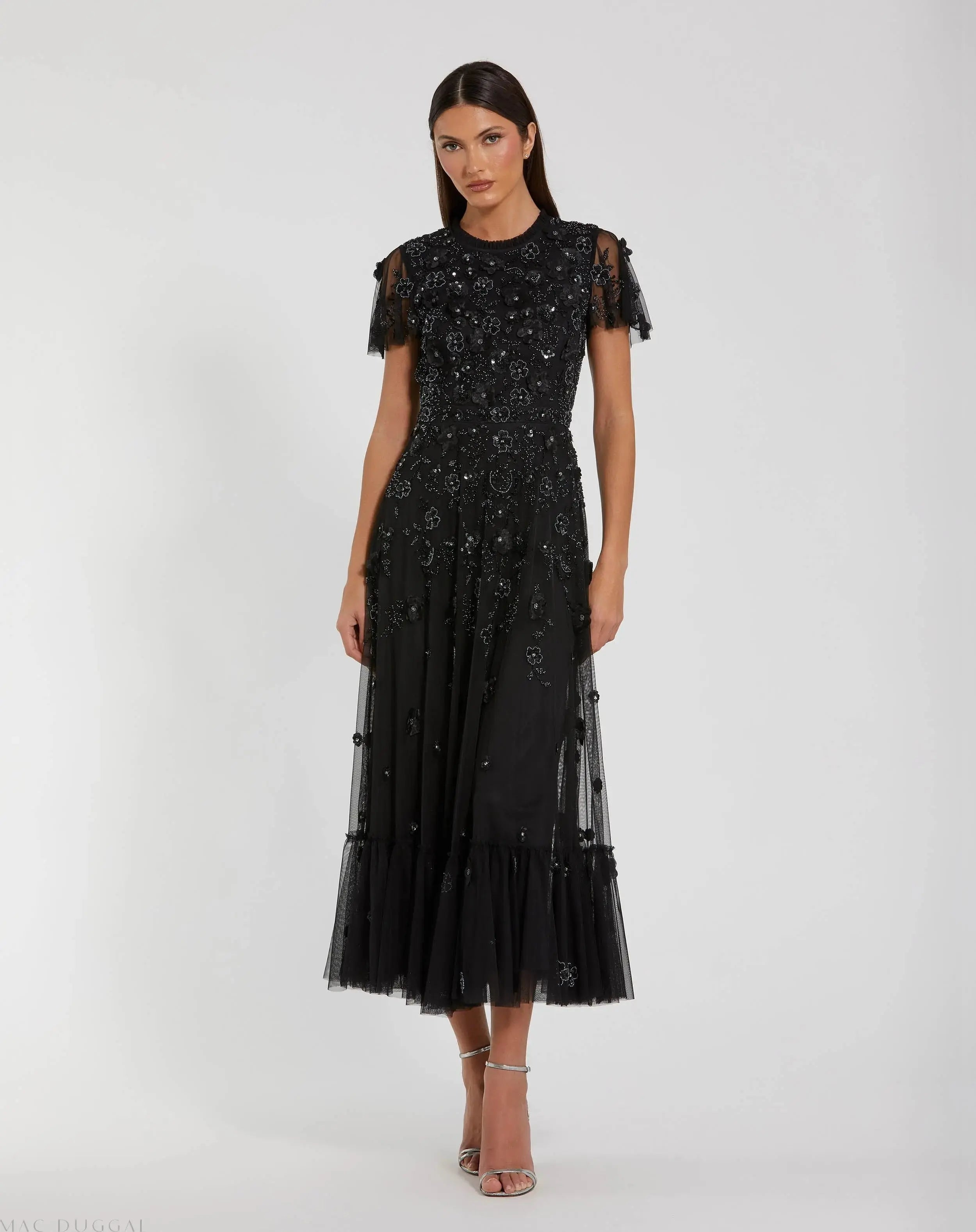 Black Embellished High Neck Flutter Sleeve A Line Dress-Myartka