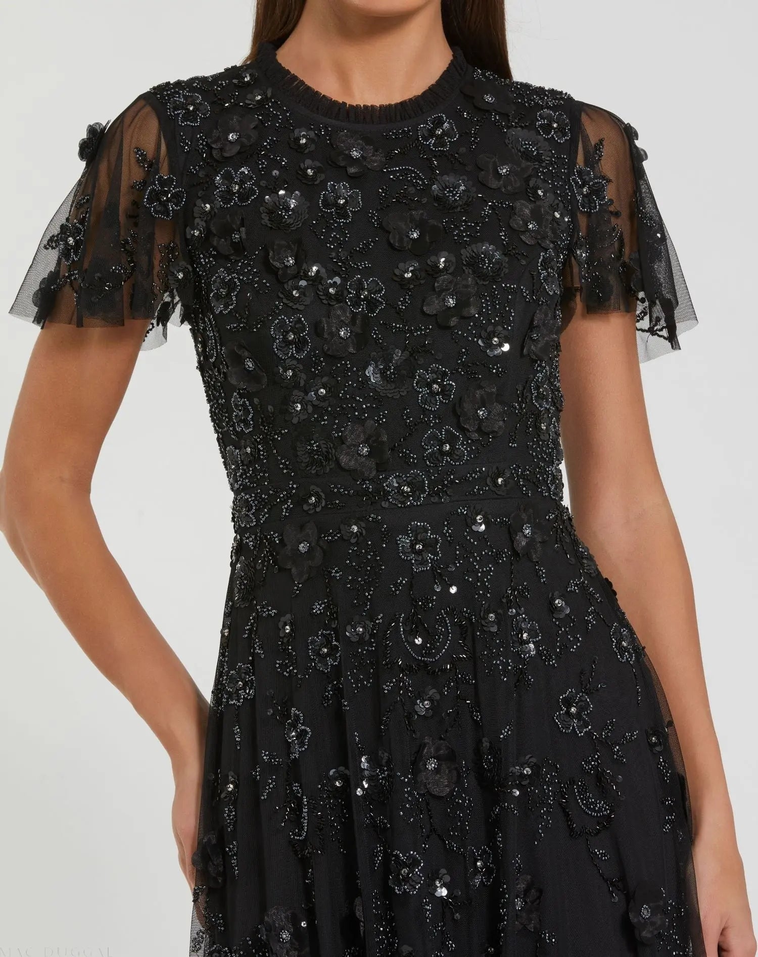 Black Embellished High Neck Flutter Sleeve A Line Dress-Myartka