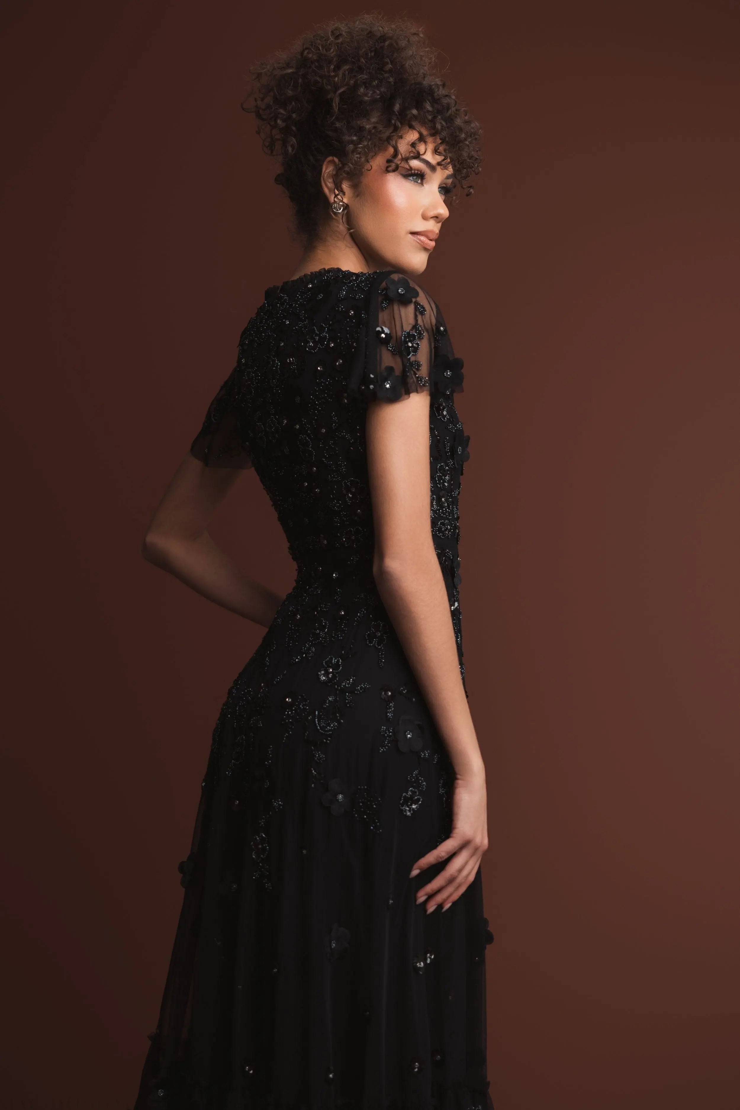 Black Embellished High Neck Flutter Sleeve A Line Dress-Myartka