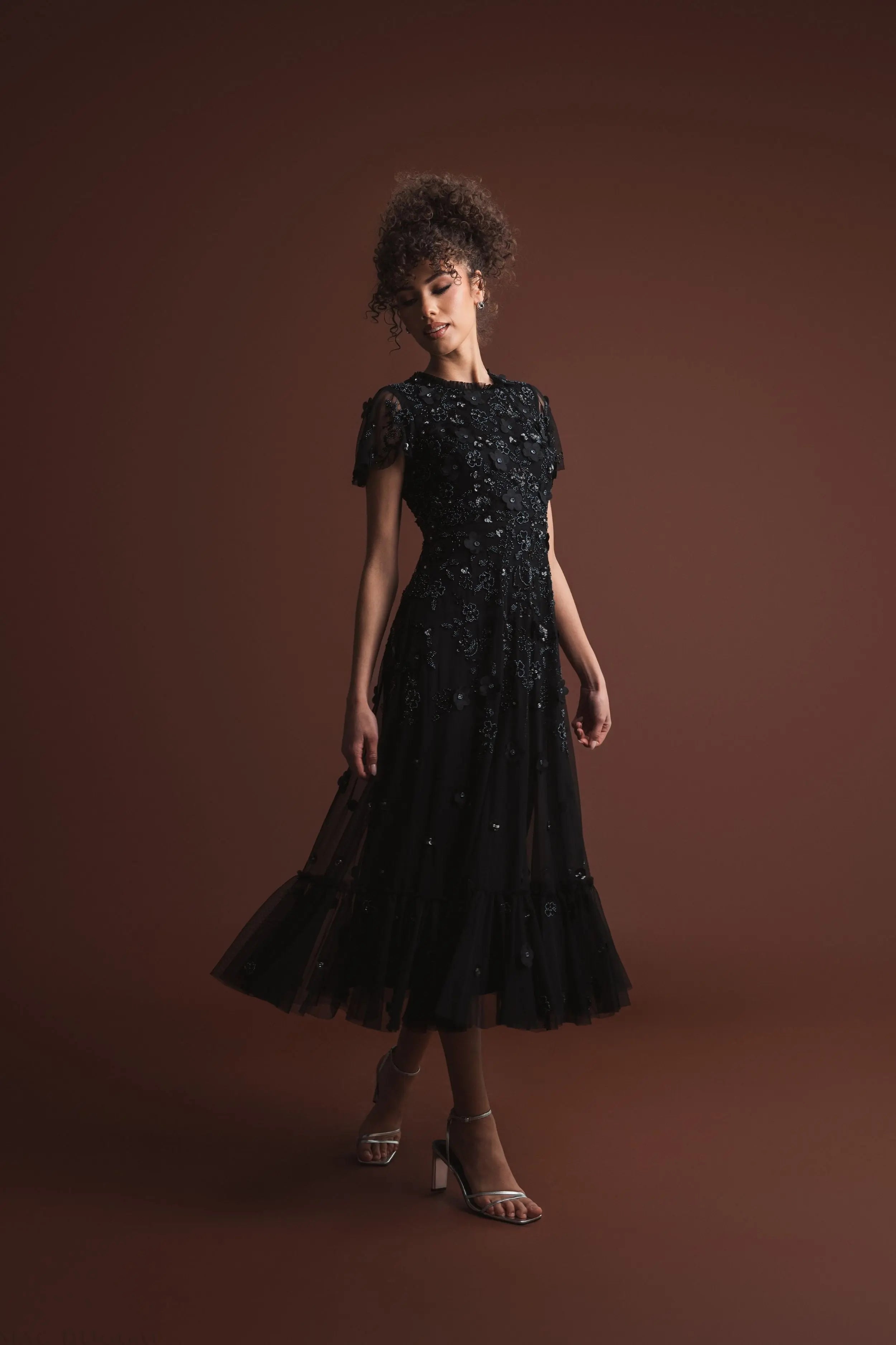 Black Embellished High Neck Flutter Sleeve A Line Dress-Myartka