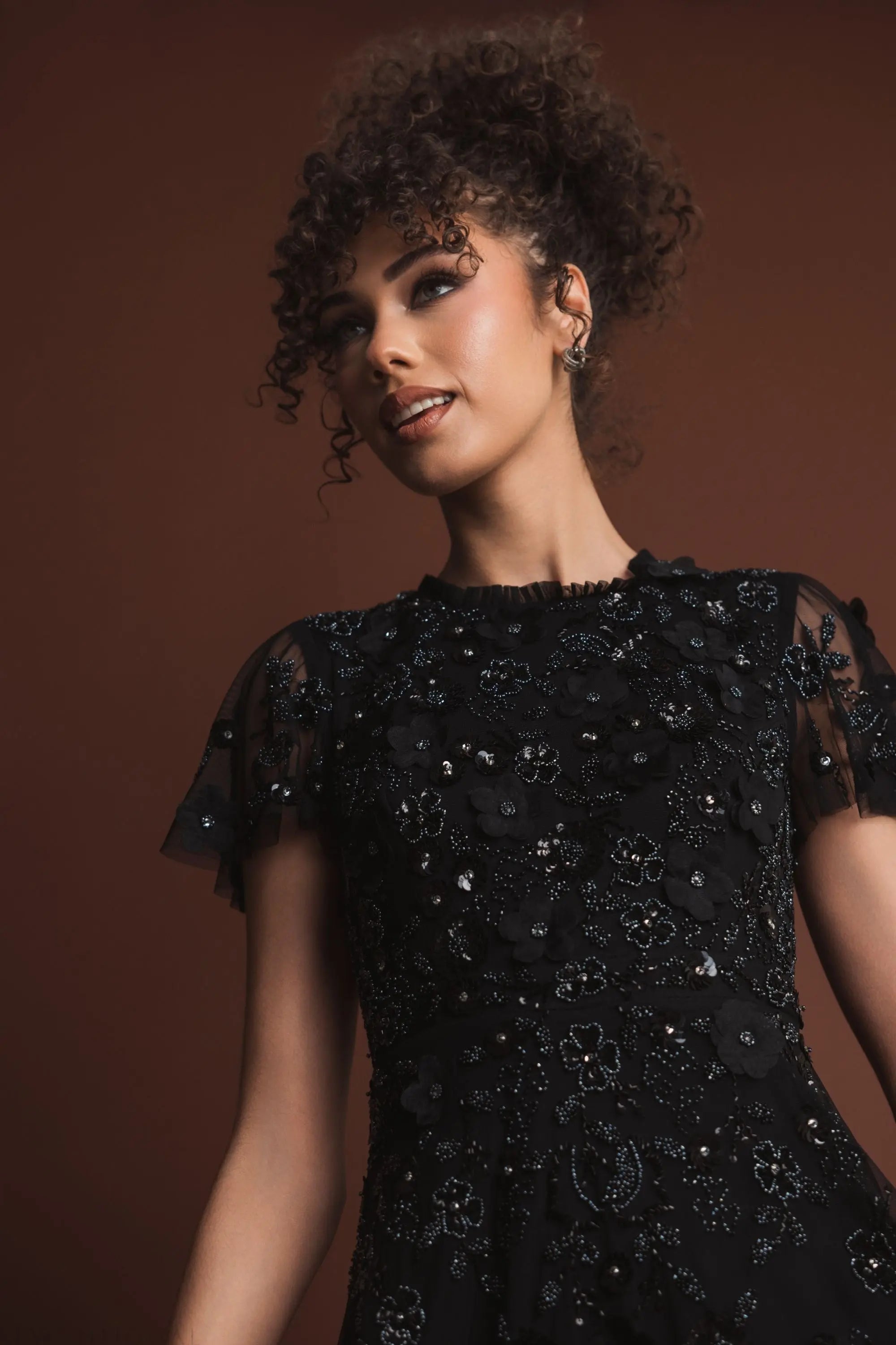 Black Embellished High Neck Flutter Sleeve A Line Dress-Myartka