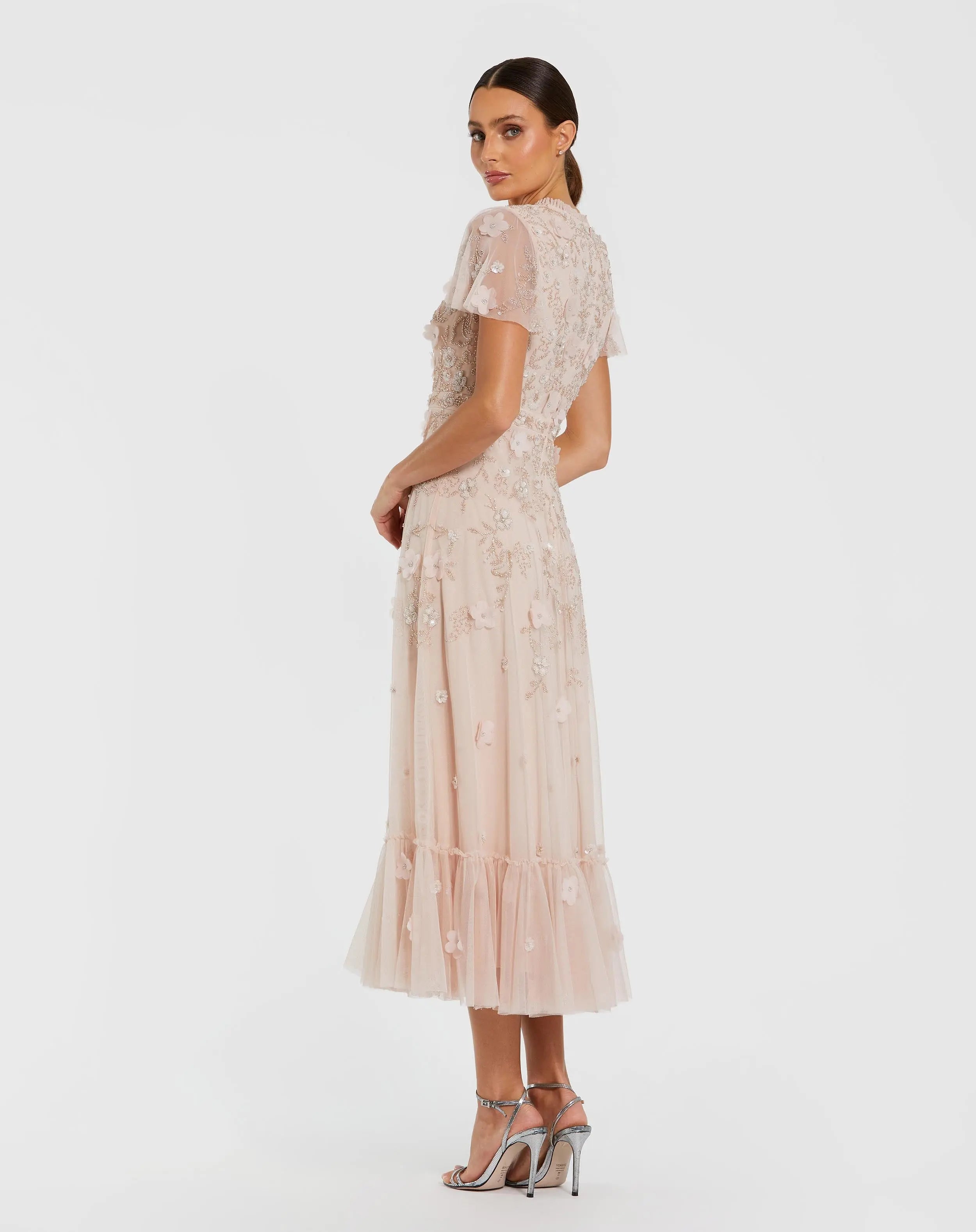 Light Pink Embellished High Neck Flutter Sleeve A Line Dress-Myartka