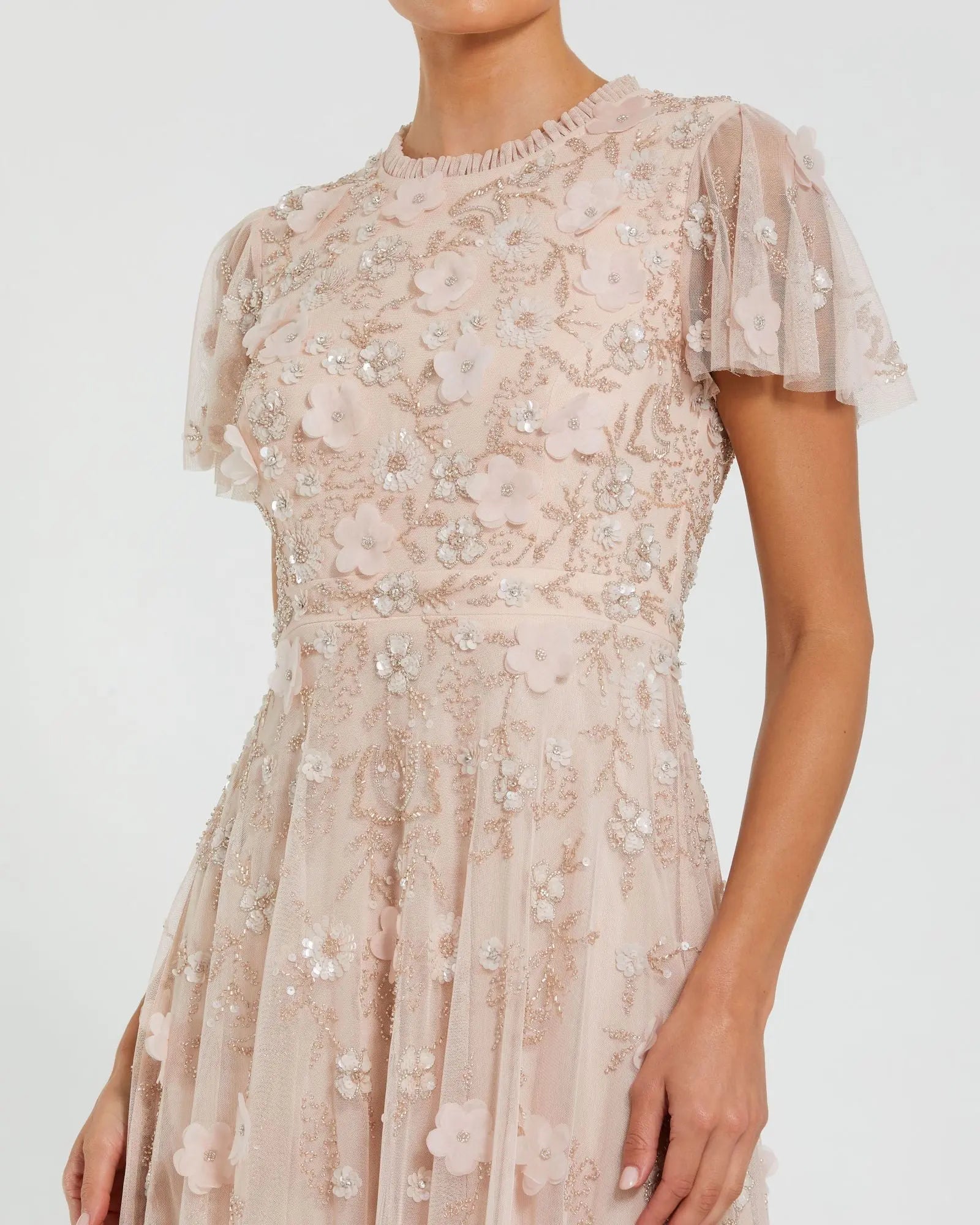 Light Pink Embellished High Neck Flutter Sleeve A Line Dress-Myartka