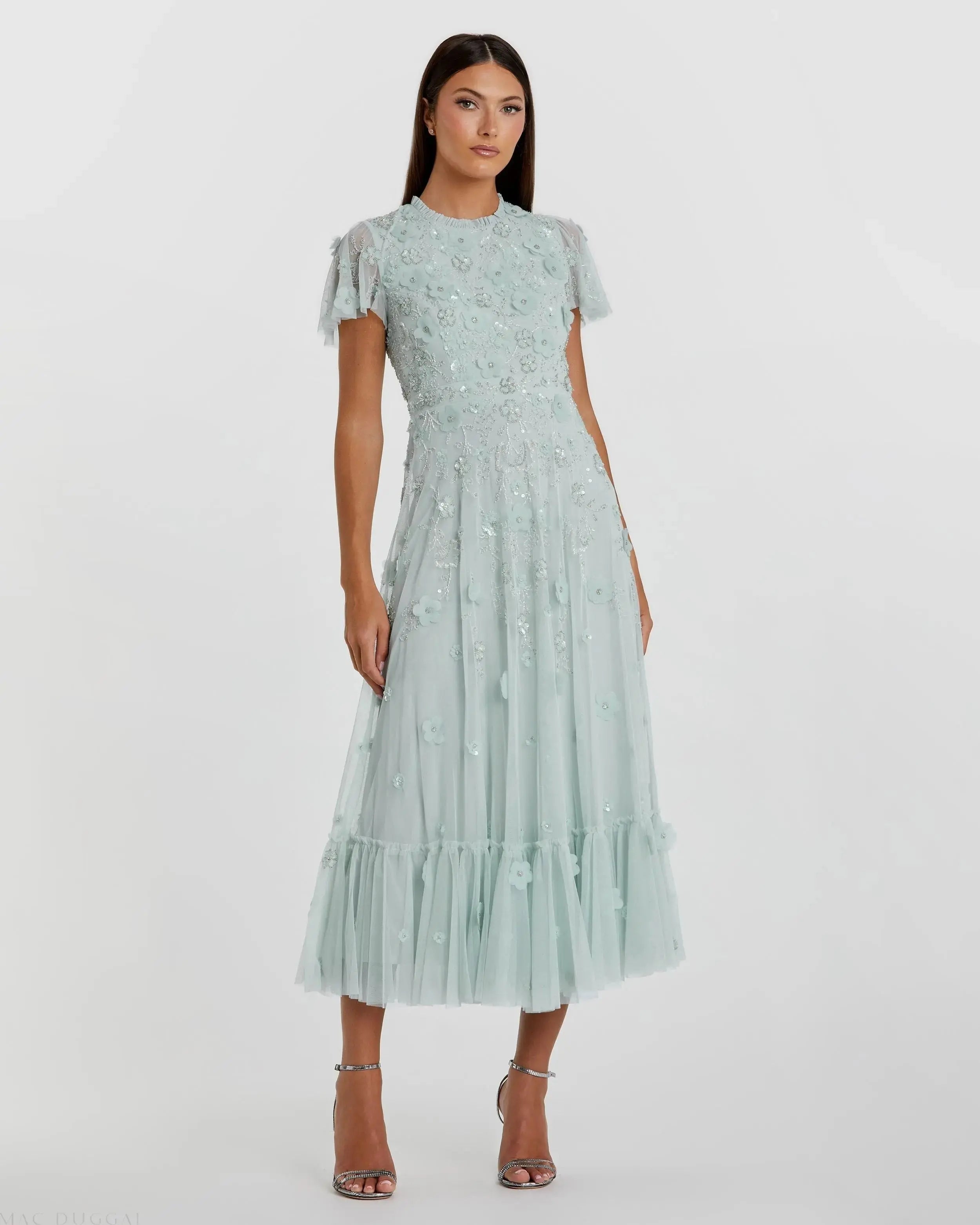 Blue Embellished High Neck Flutter Sleeve A Line Dress-Myartka