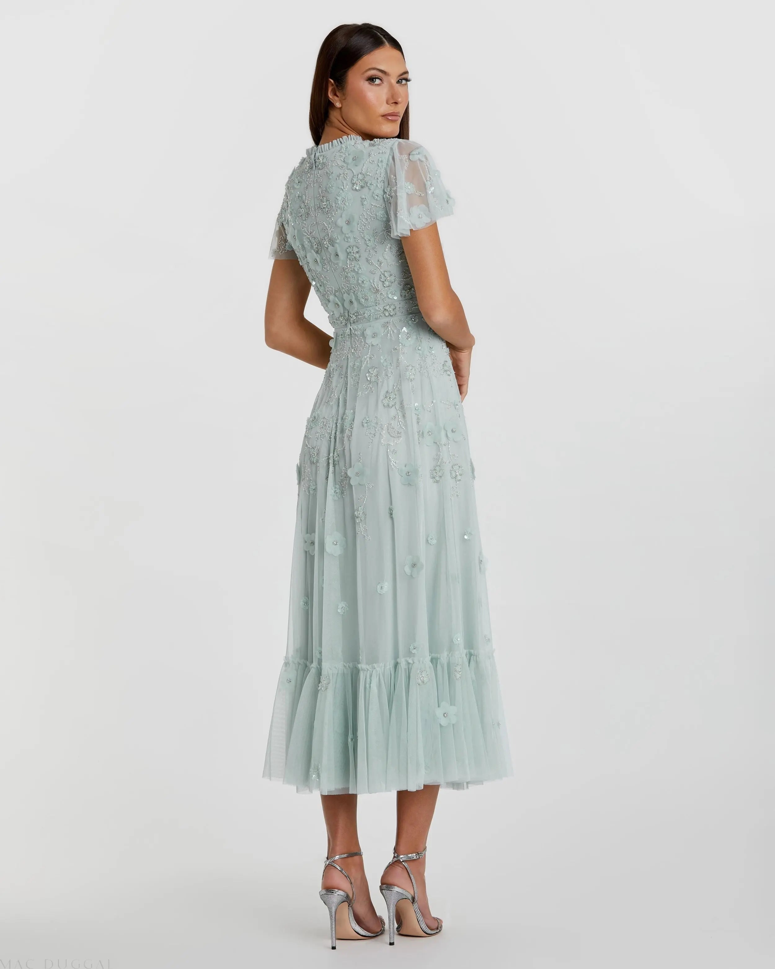 Blue Embellished High Neck Flutter Sleeve A Line Dress-Myartka