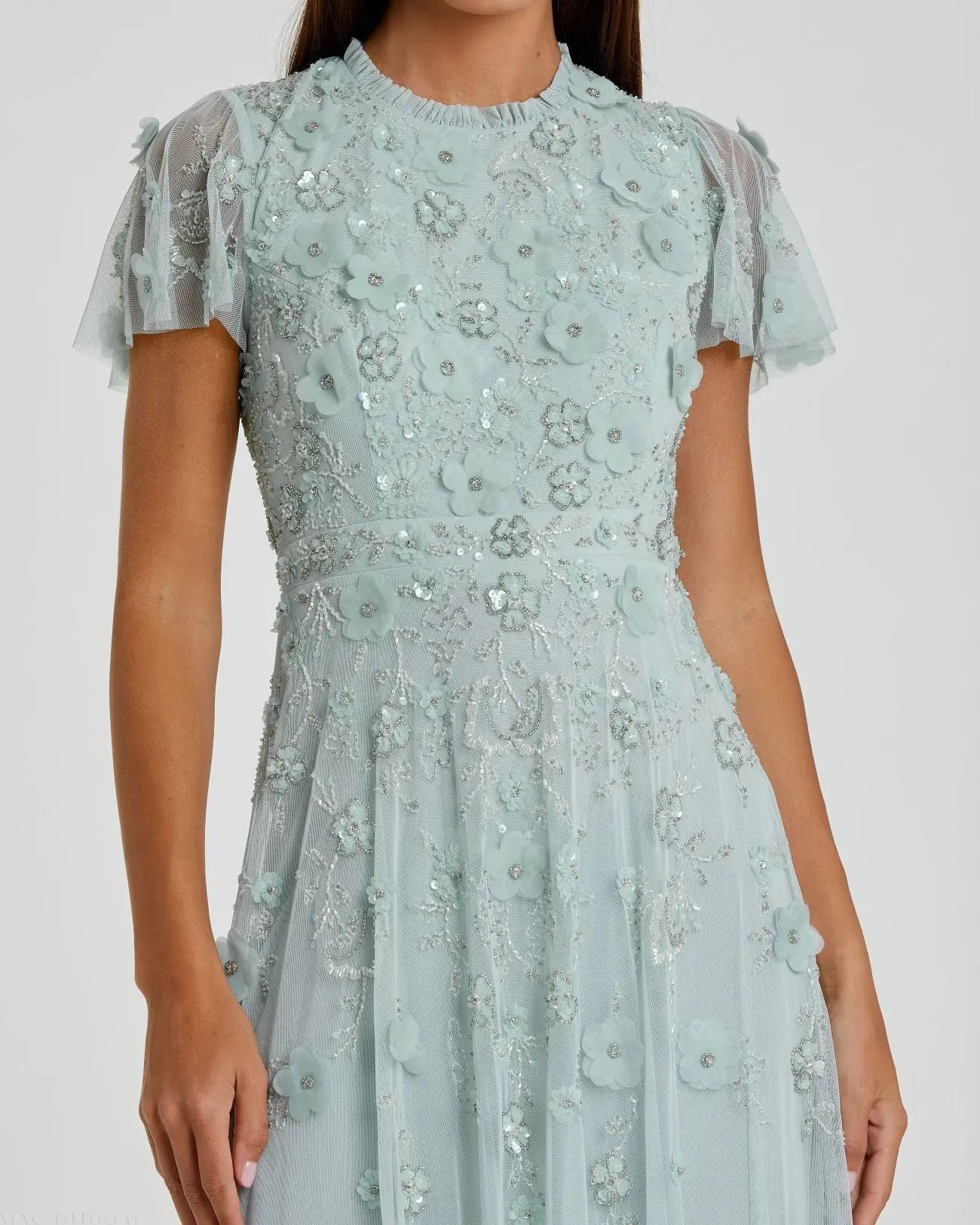 Blue Embellished High Neck Flutter Sleeve A Line Dress-Myartka