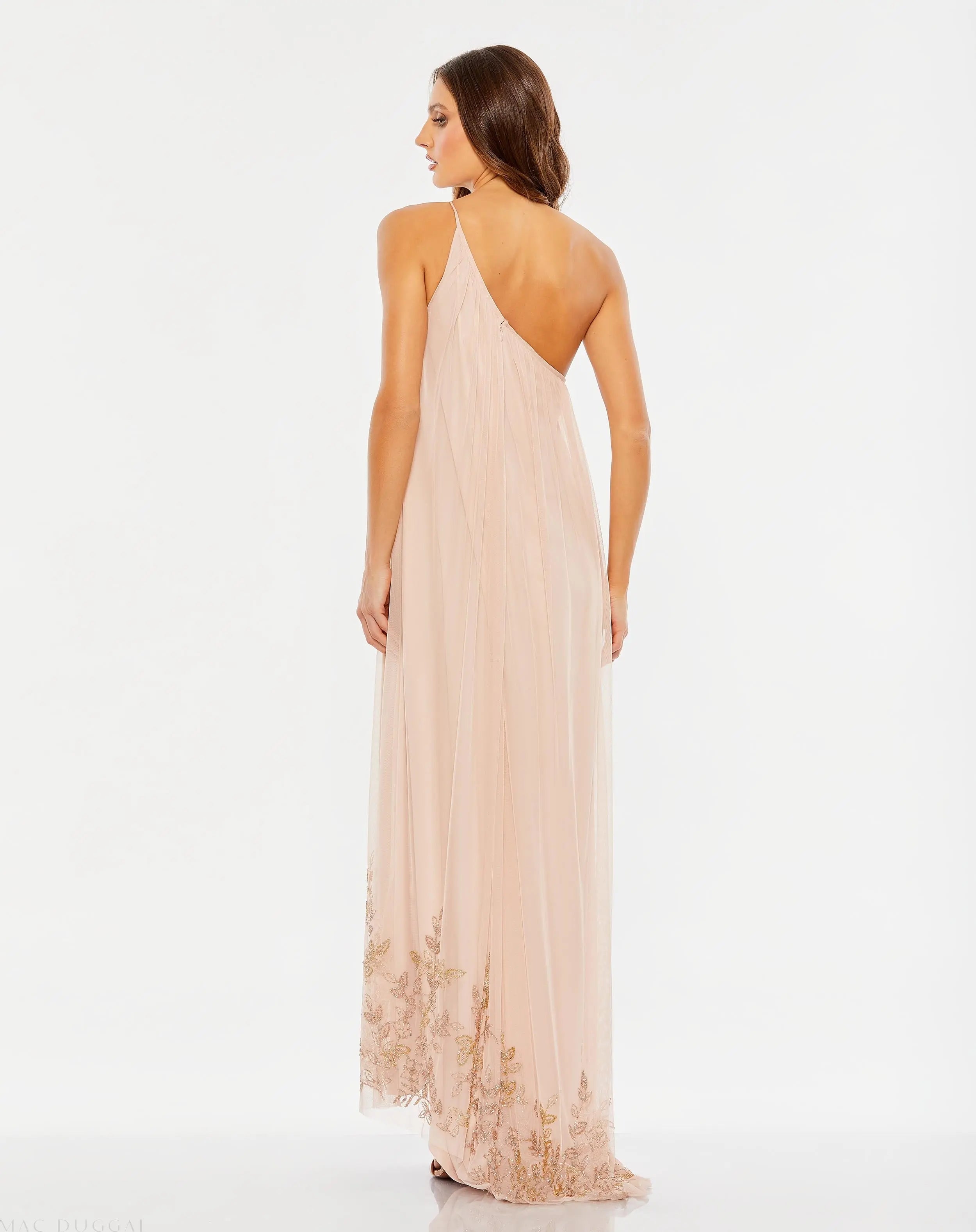 Pink Flowy One Shoulder Beaded Trapeze Gown-Myartka