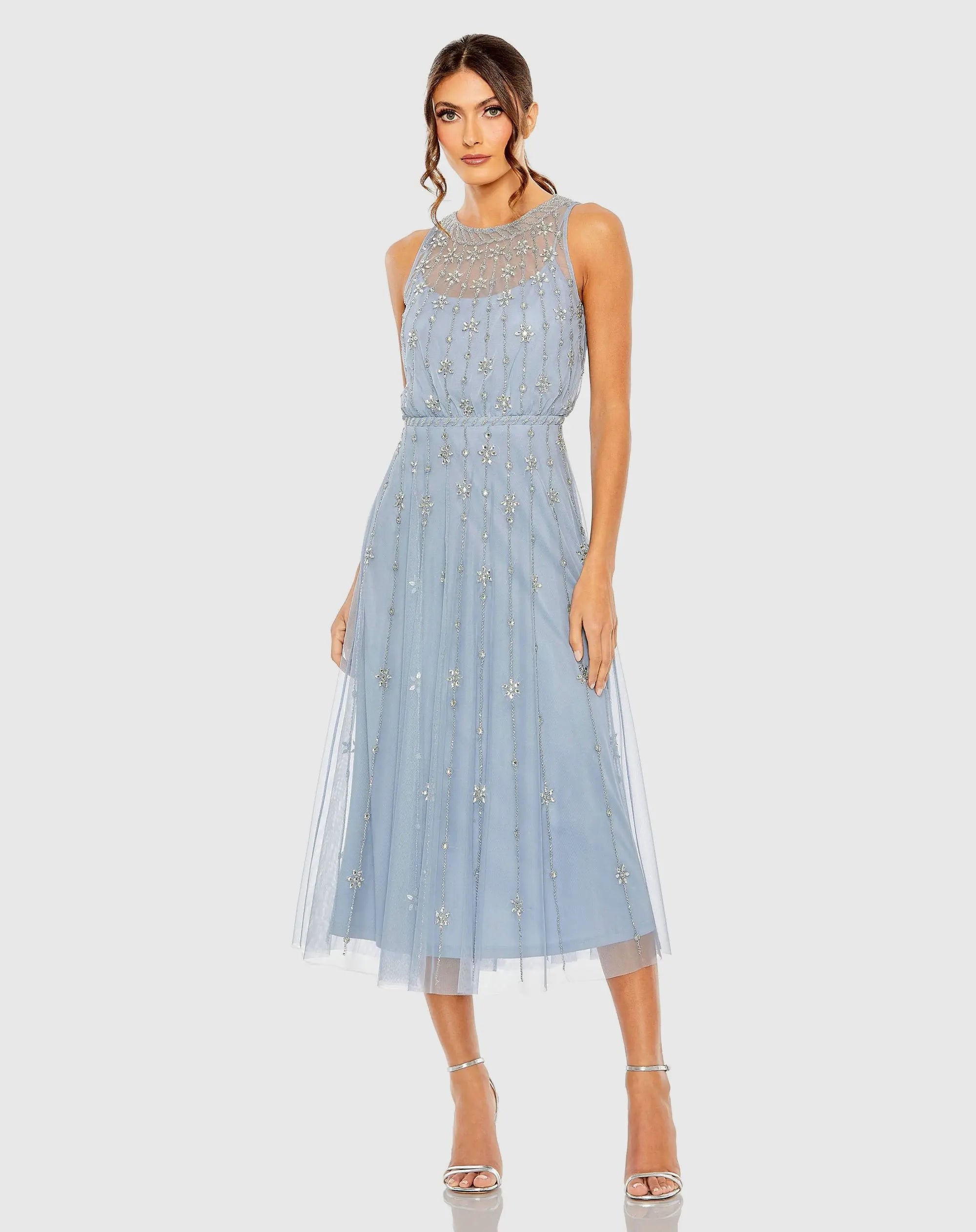Blue High Neck Sleeveless Embellished A Line Cocktail Dress-Myartka