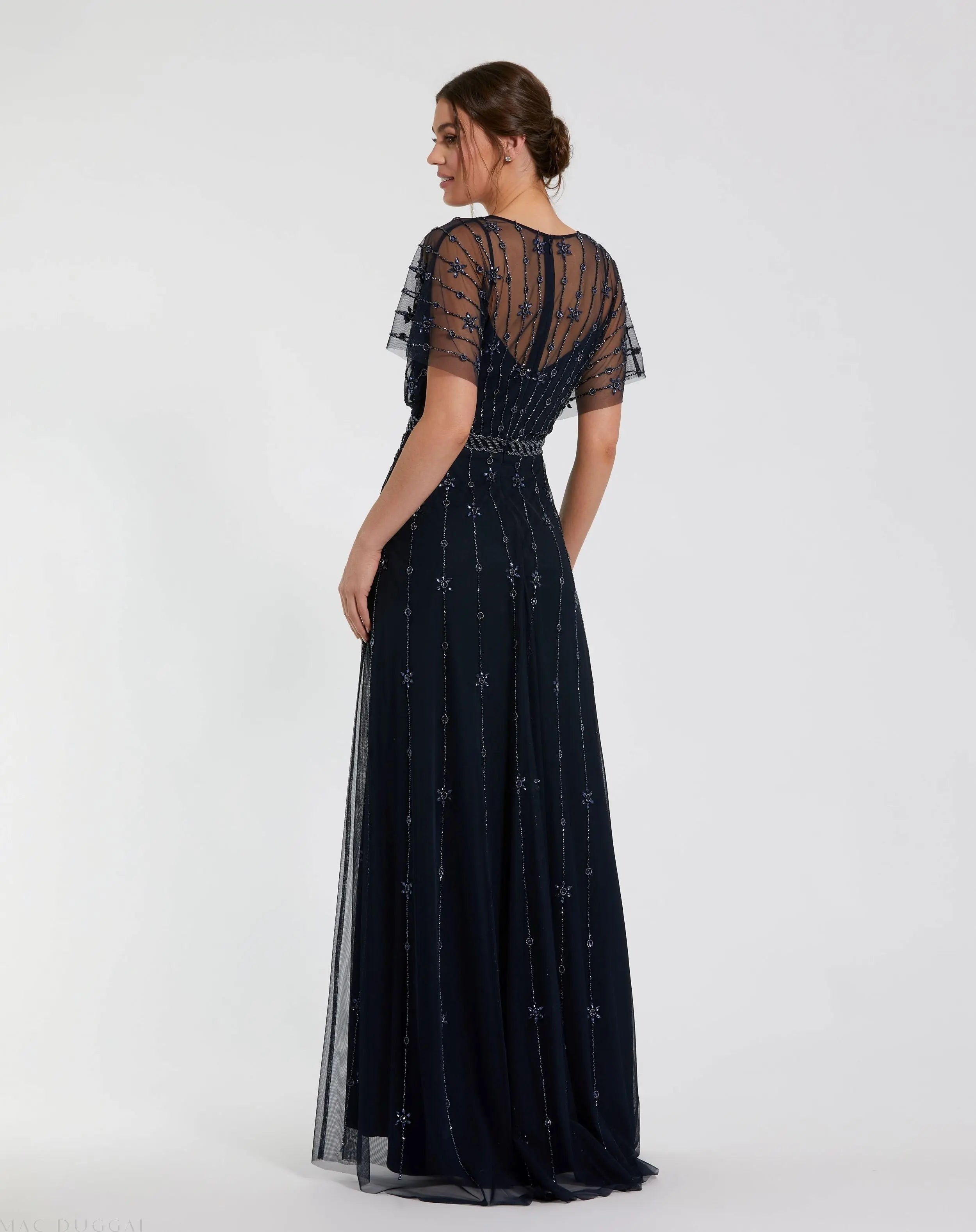 Navy V Neck Embellished Flutter Sleeve A Line Gown-Myartka